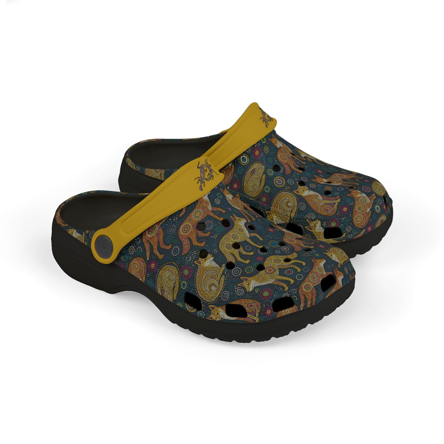Aboriginal art casual clog shoes, dark patterned upper with yellow strap, black outsole