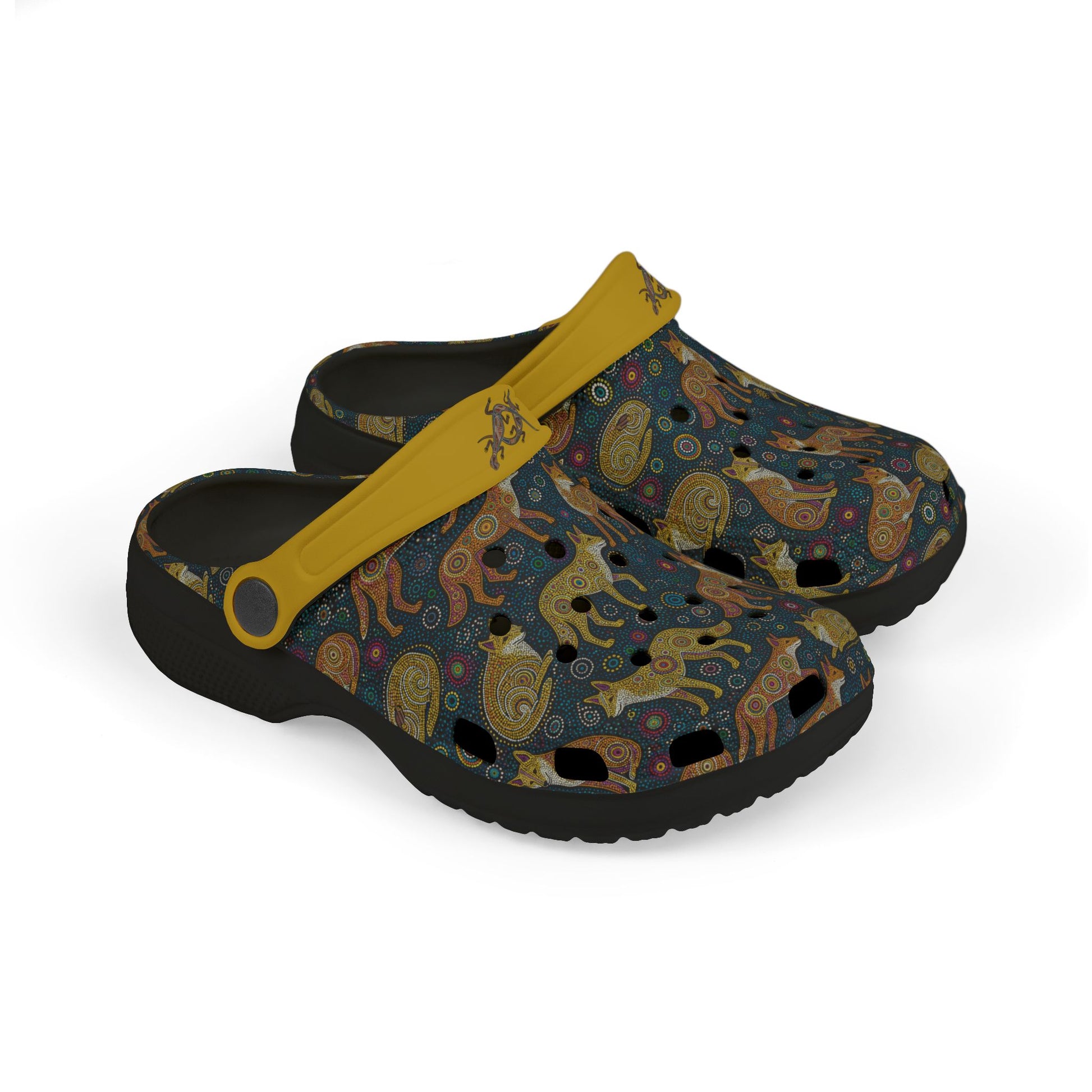 Aboriginal art casual clog shoes, dark patterned upper with yellow strap, black outsole