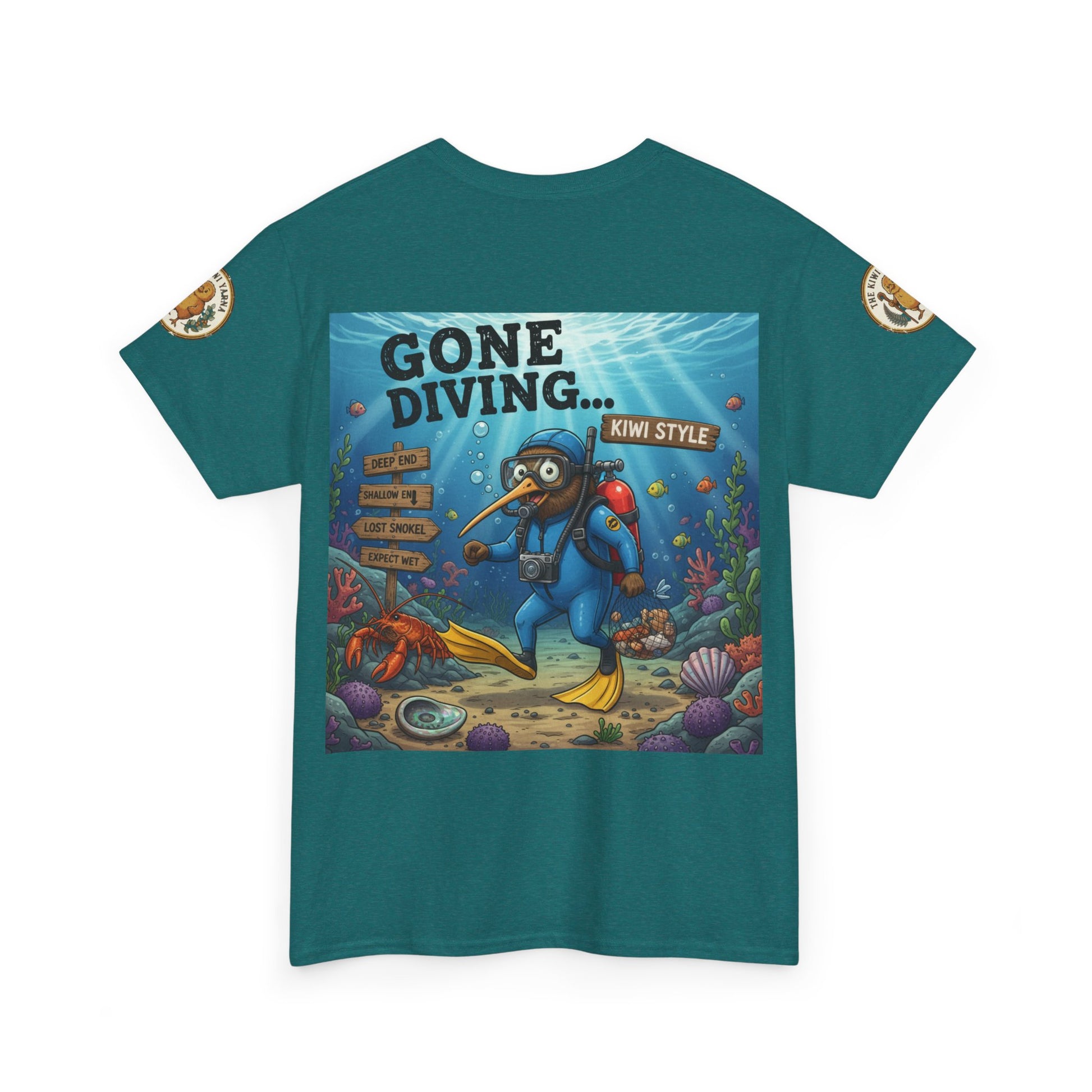 Teal crew-neck T-shirt with centered “GONE DIVING…” underwater graphic