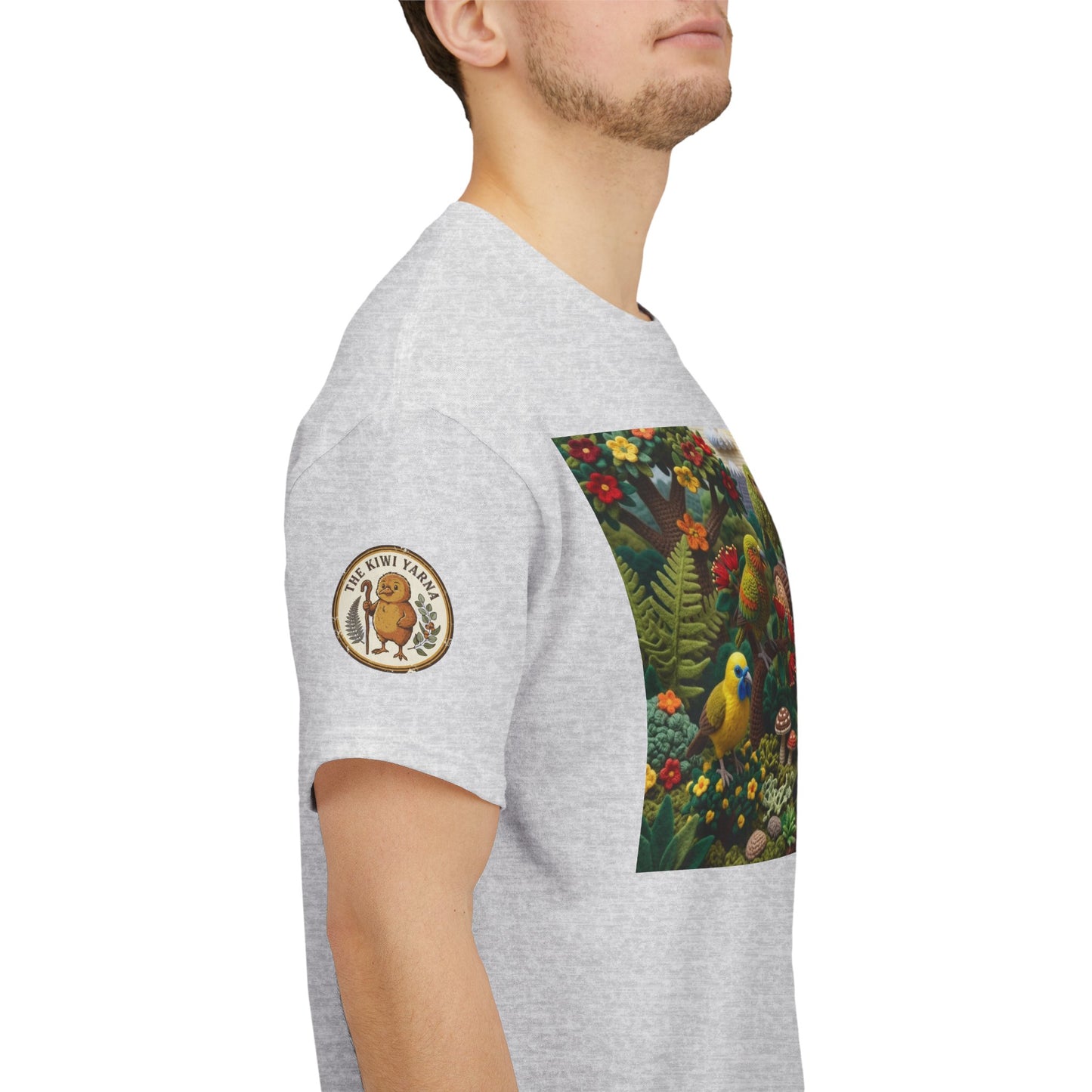 Heather gray T-shirt with sleeve patch and birds-and-forest graphic panel
