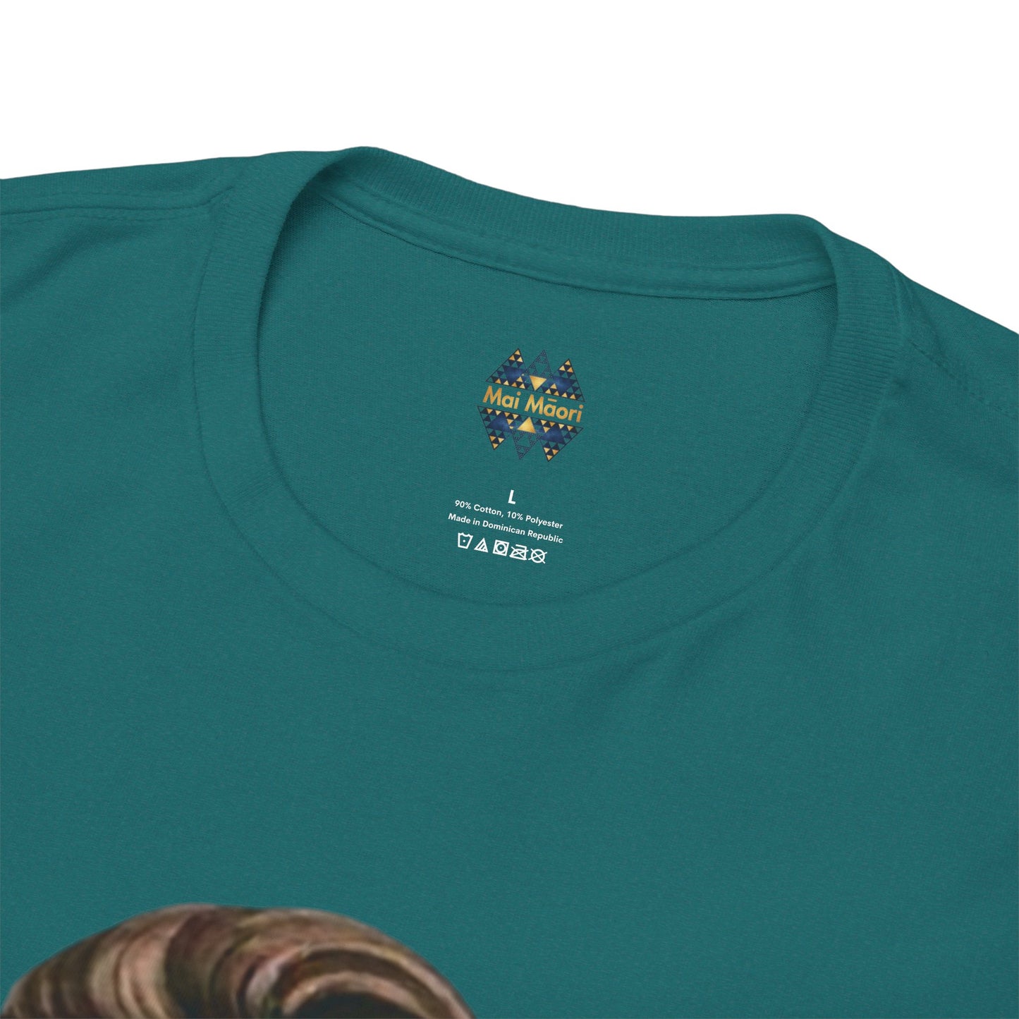 Teal crew-neck T-shirt with small chest logo and partial woman portrait print at collar