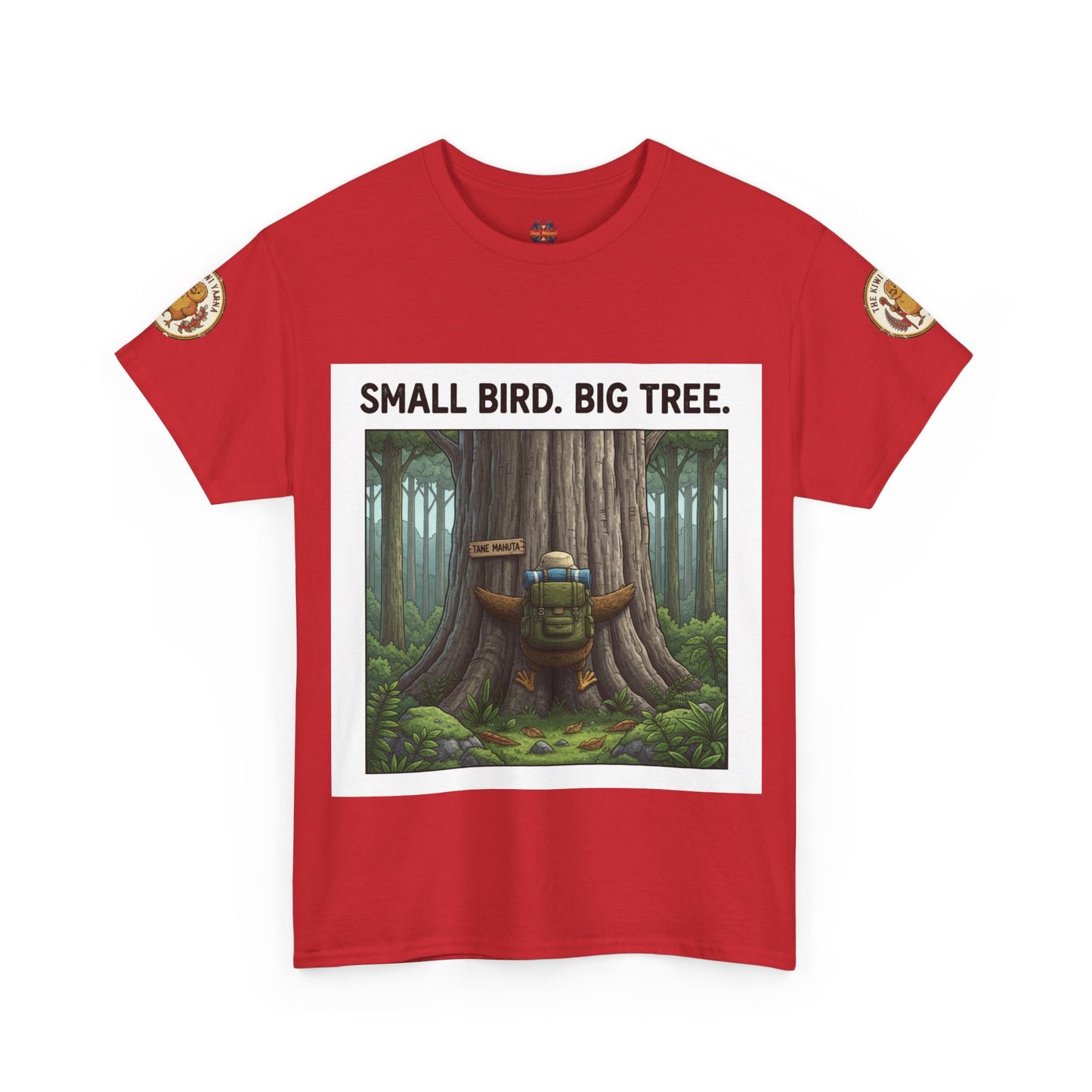 Red crewneck T-shirt with forest graphic and 'Small Bird. Big Tree.' print
