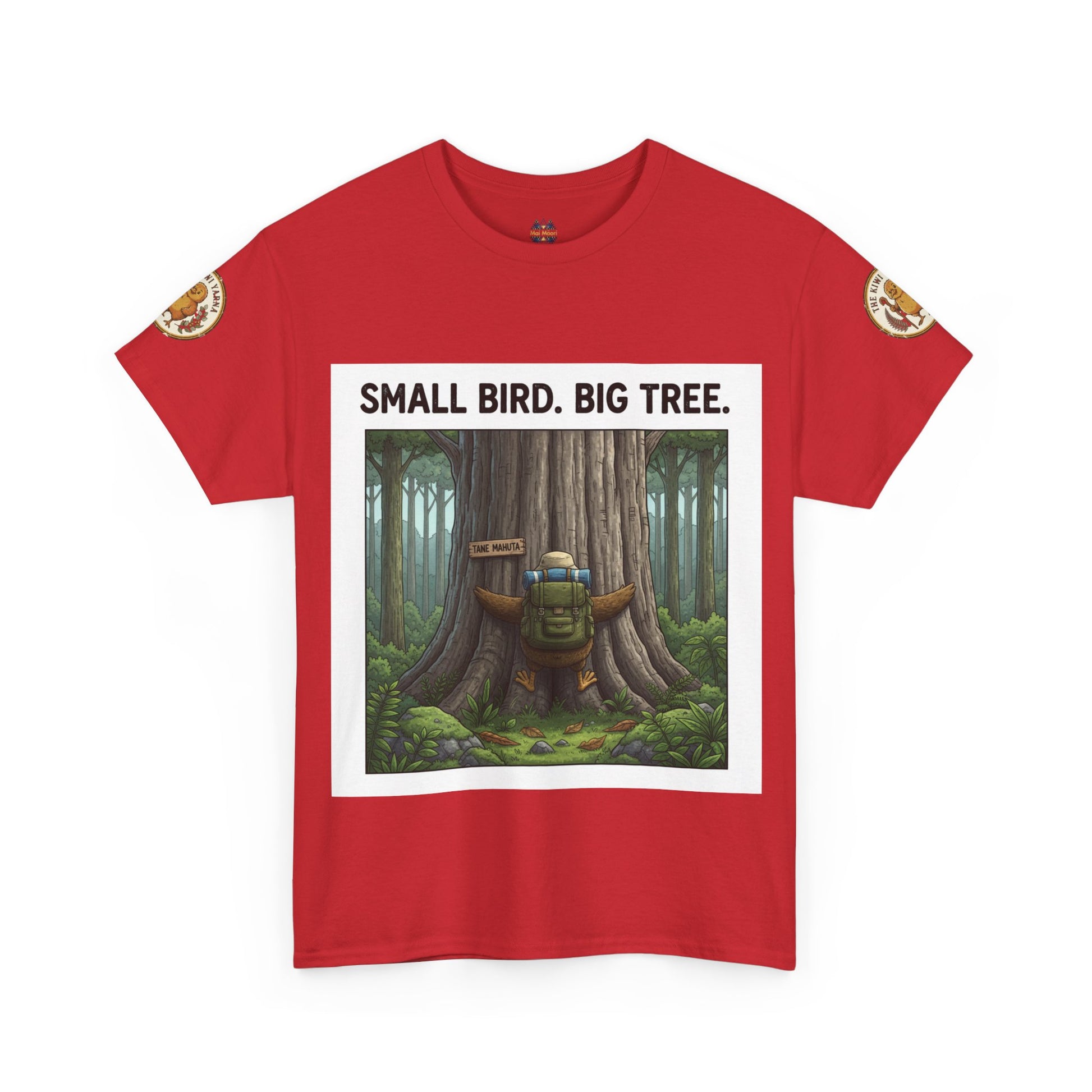 Red crewneck T-shirt with forest graphic and 'Small Bird. Big Tree.' print
