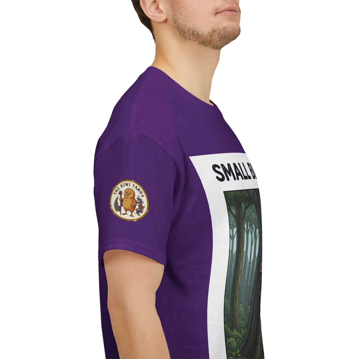 Purple t-shirt side view with sleeve logo and tree graphic panel