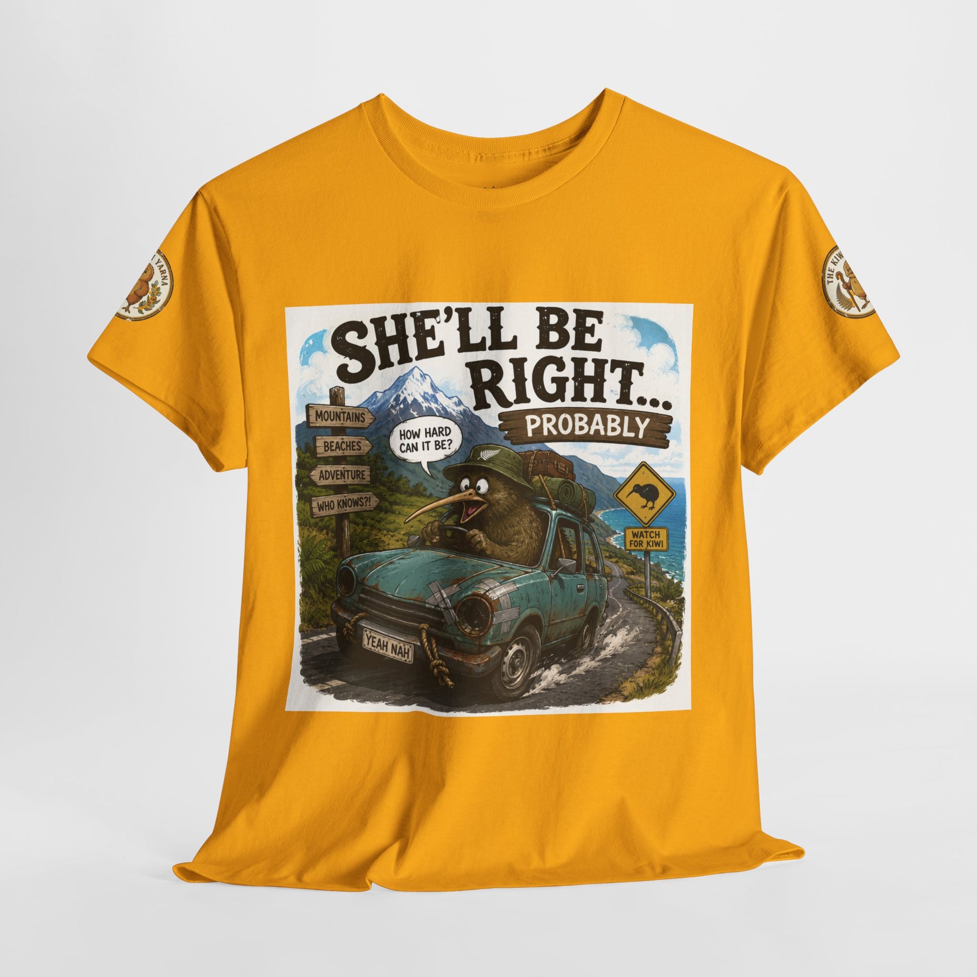 Mustard yellow crewneck T-shirt with front truck scene graphic and patches