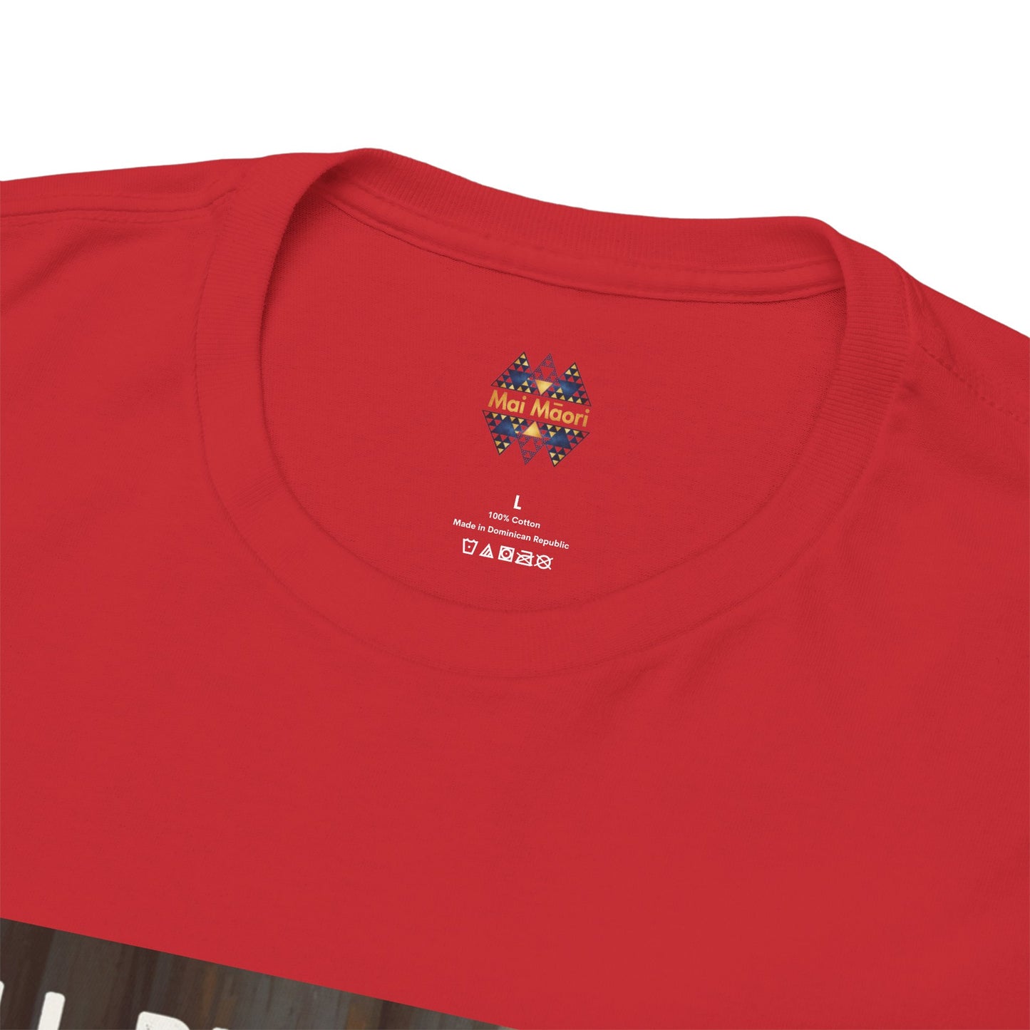 Red t-shirt close-up of crew neck and small chest logo print