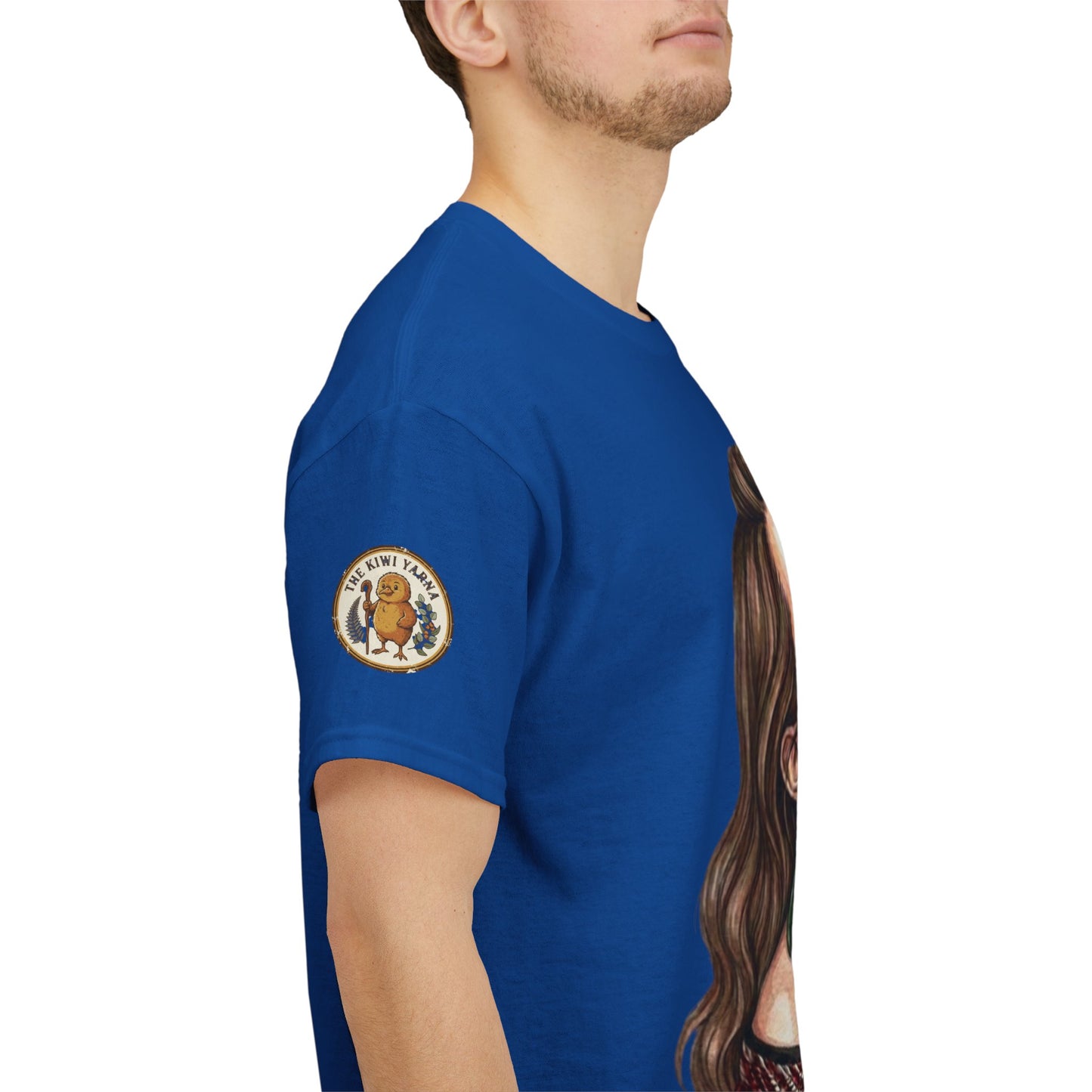 Royal blue graphic T-shirt sleeve detail with round logo patch.