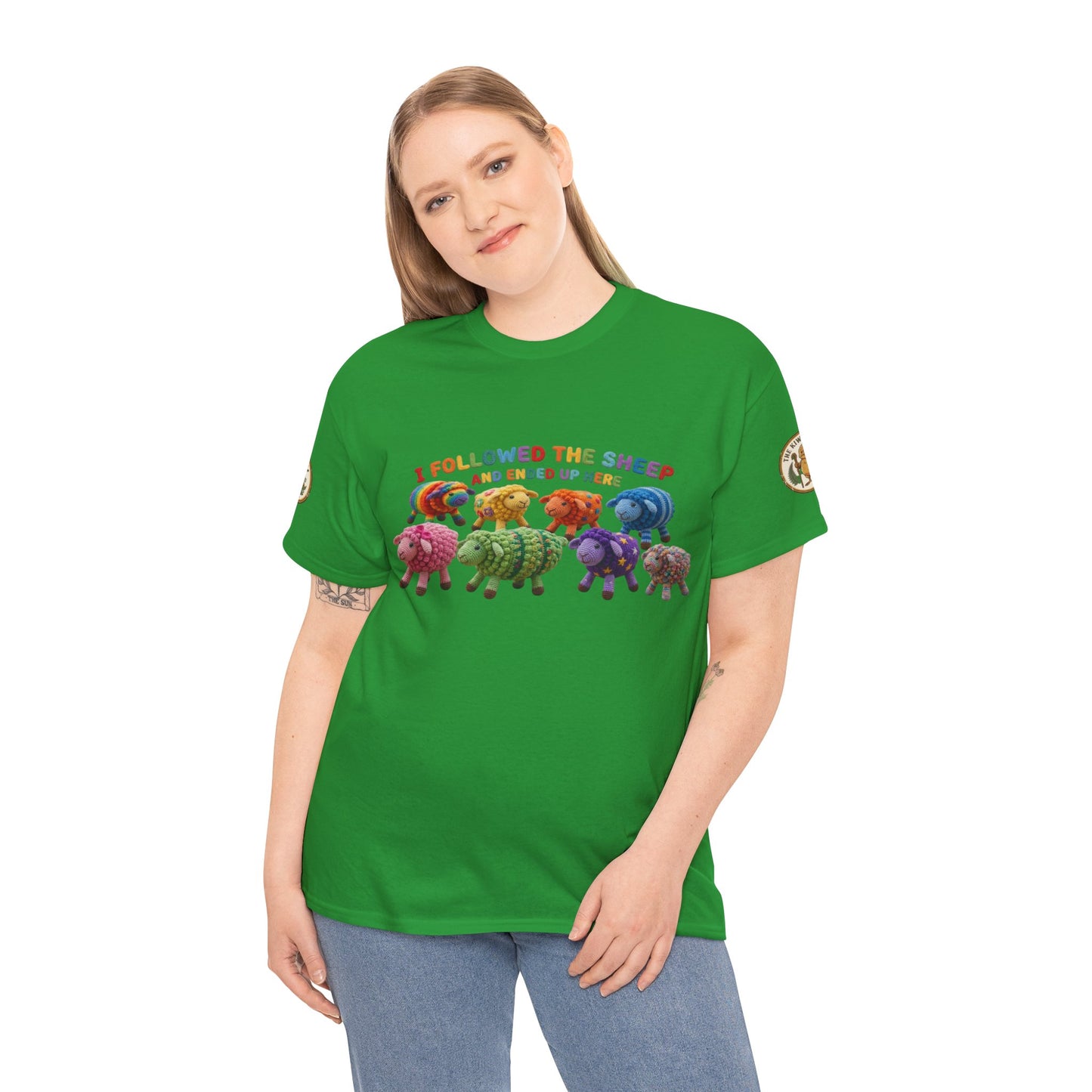 Green graphic crewneck T-shirt with sheep illustration and colorful banner text