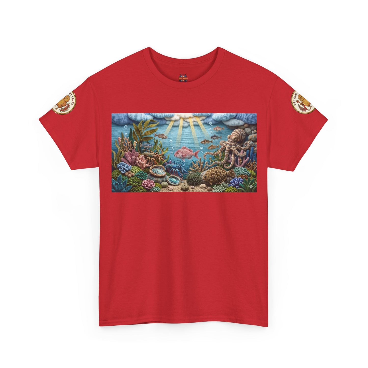 Red T-shirt with sea scene graphic and circular shoulder patches