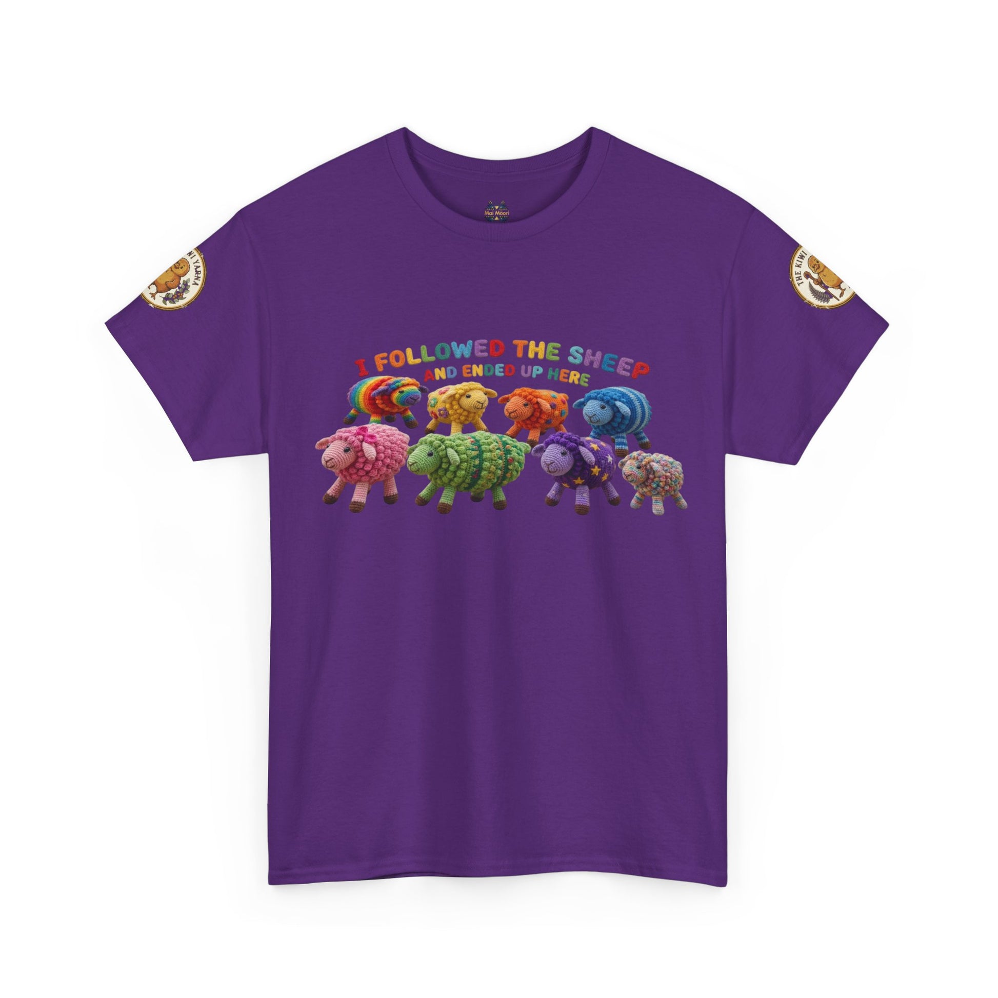 Purple short-sleeve T-shirt with colorful sheep graphic and small sleeve patch accents