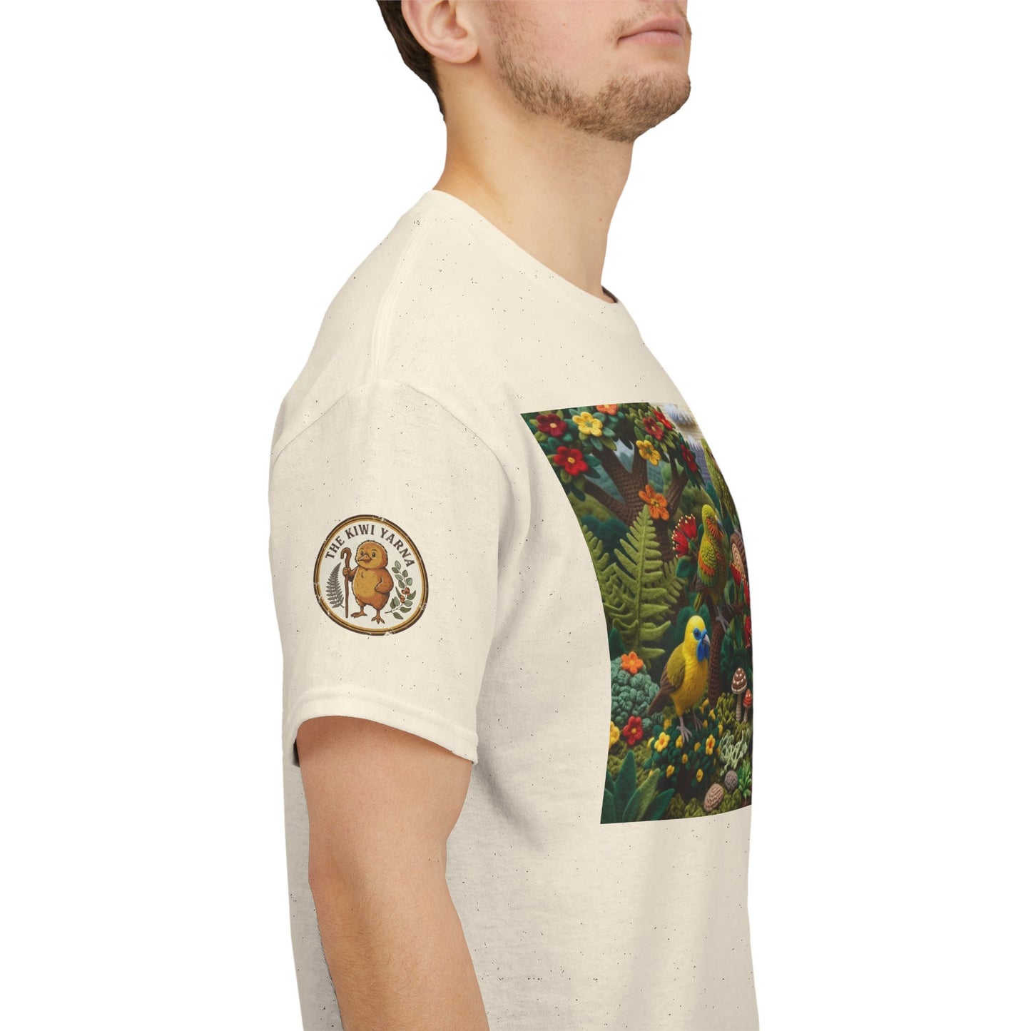 Oatmeal graphic T-shirt with rectangular bird-and-forest panel and round sleeve badge