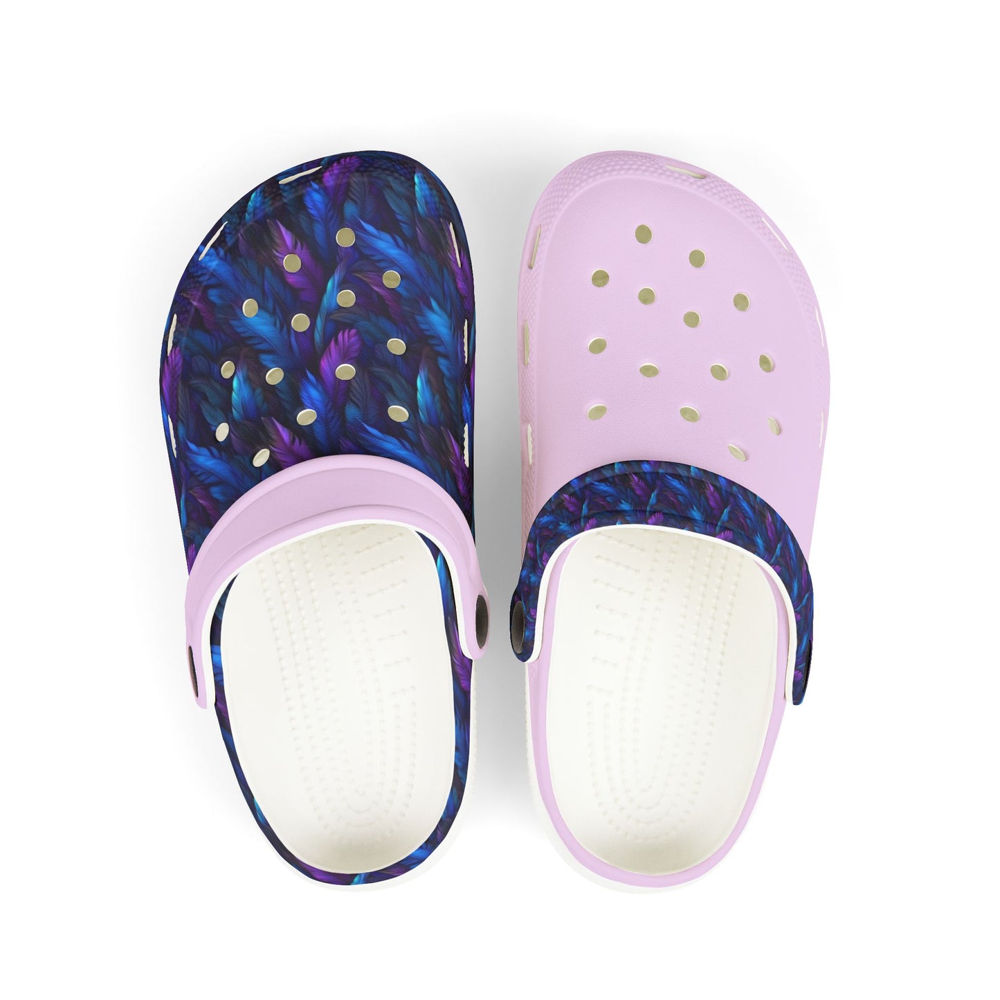 Slip-on clog with lavender upper, dark blue pattern, and perforated toe holes