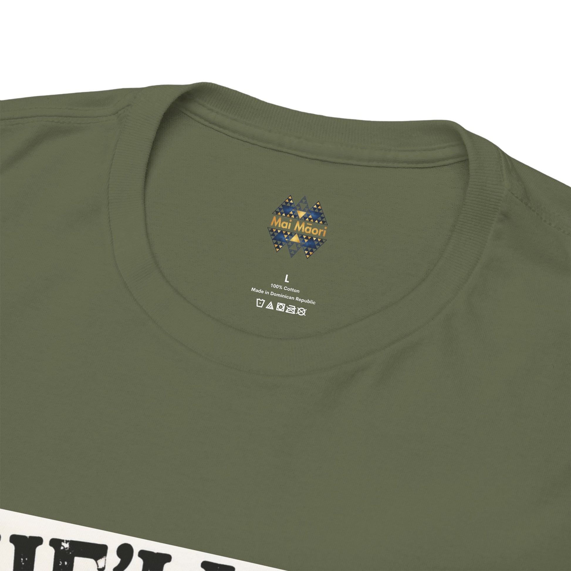 Dark green T-shirt close-up of neckline and small chest logo.