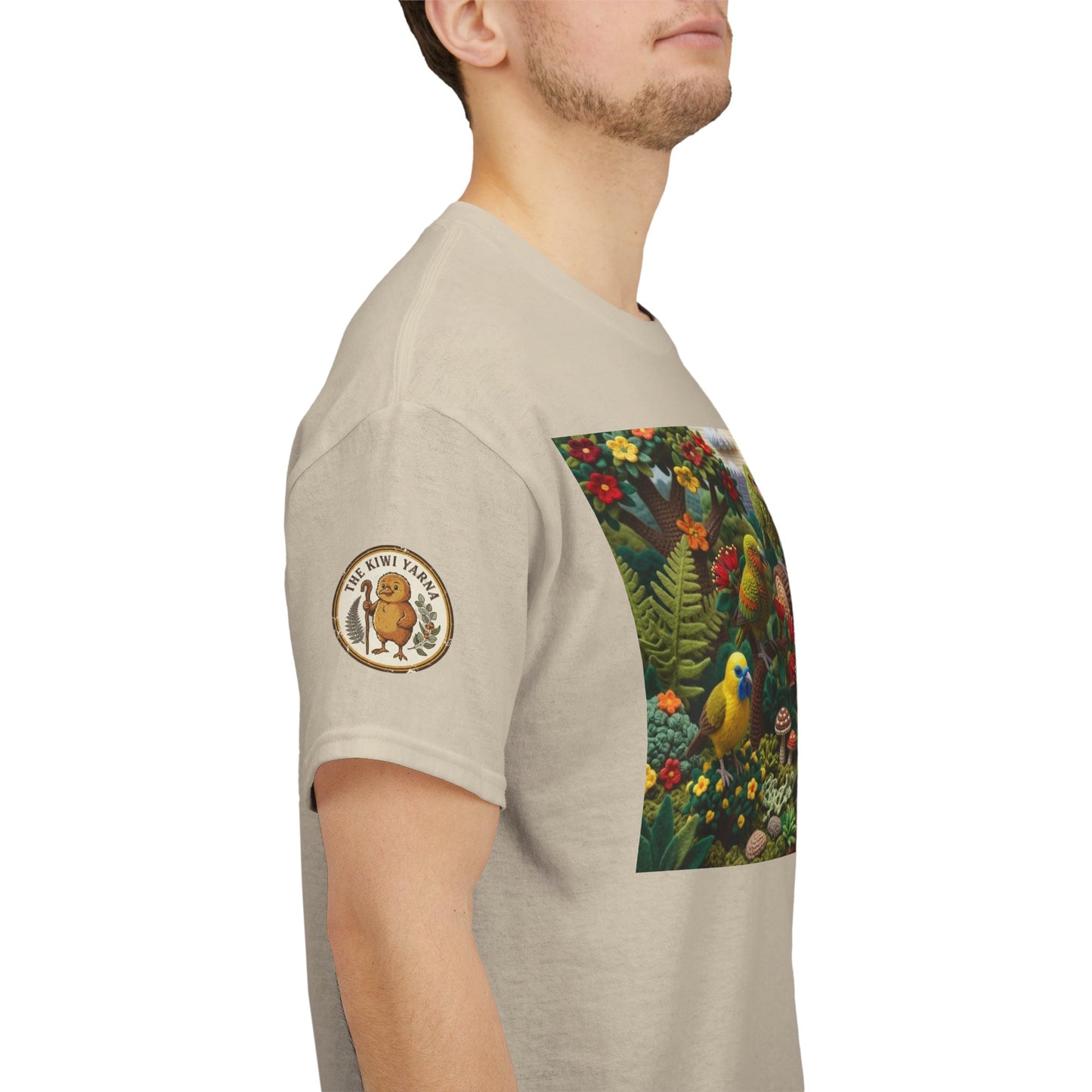 Sand crew-neck T-shirt with side view showing sleeve patch and partial birds front panel.
