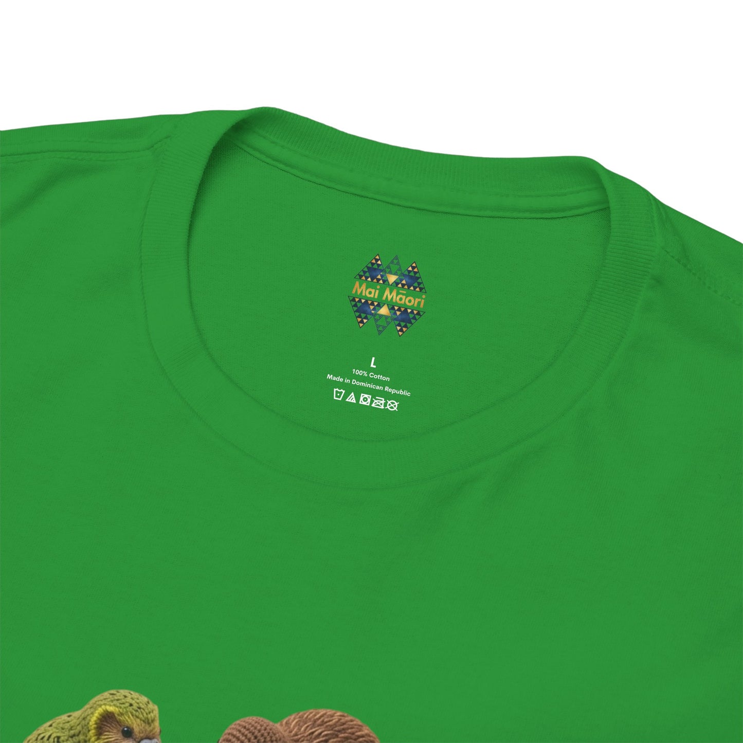 Green graphic T-shirt close-up of crew neck and small chest logo