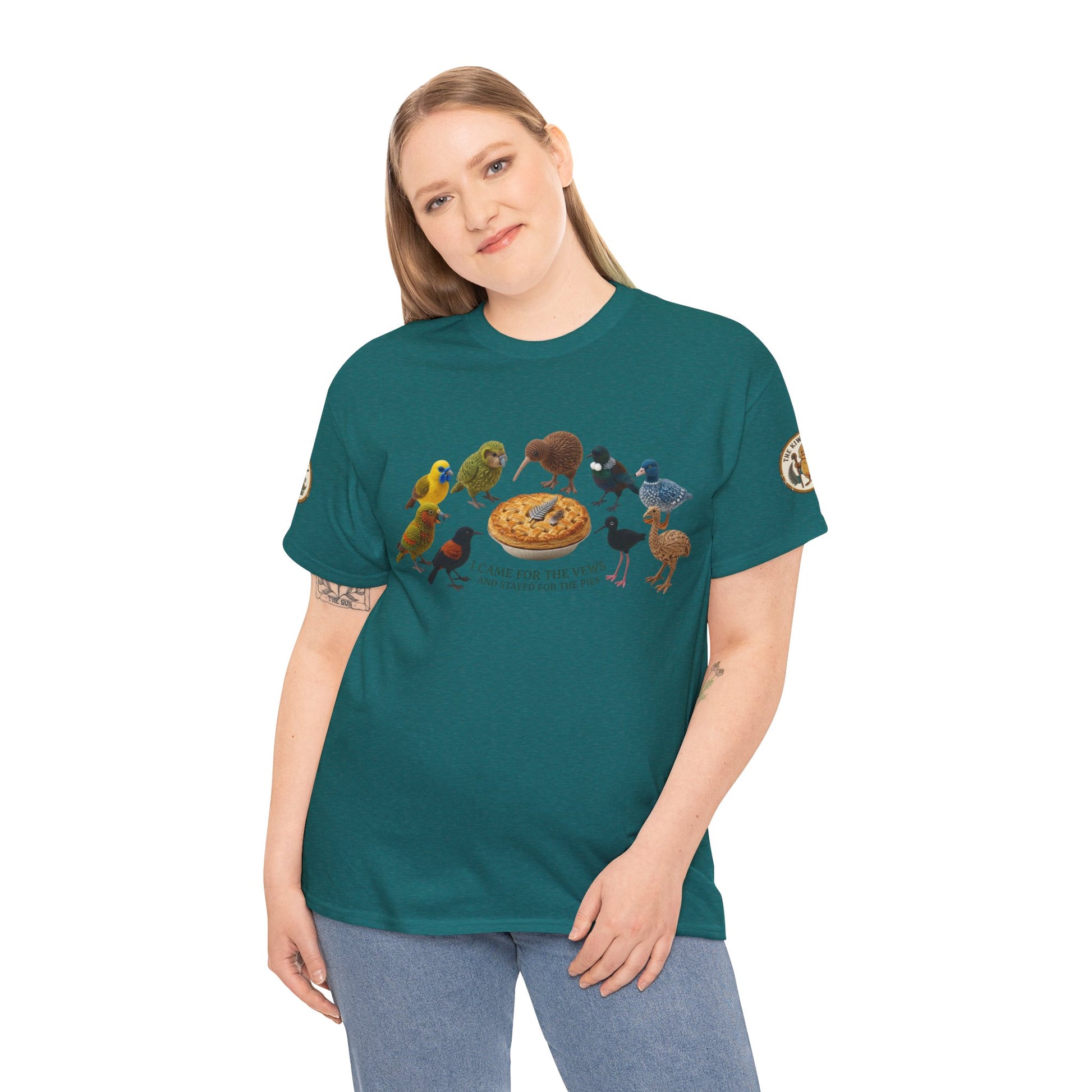 Teal T-shirt on model: crew neck with colorful bird and pizza front graphic