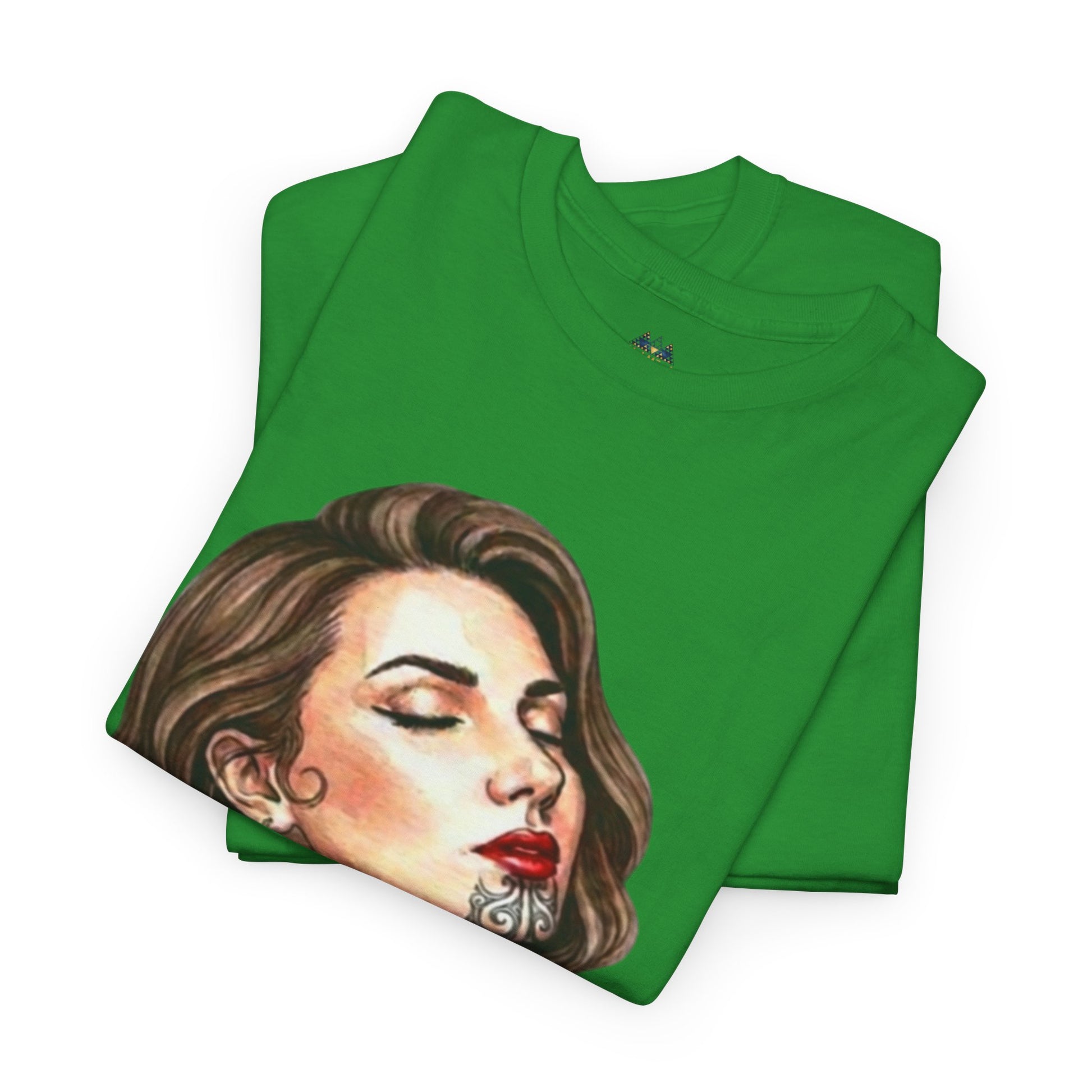 Green crew-neck graphic T-shirt with woman portrait print on the front and matching folded tee