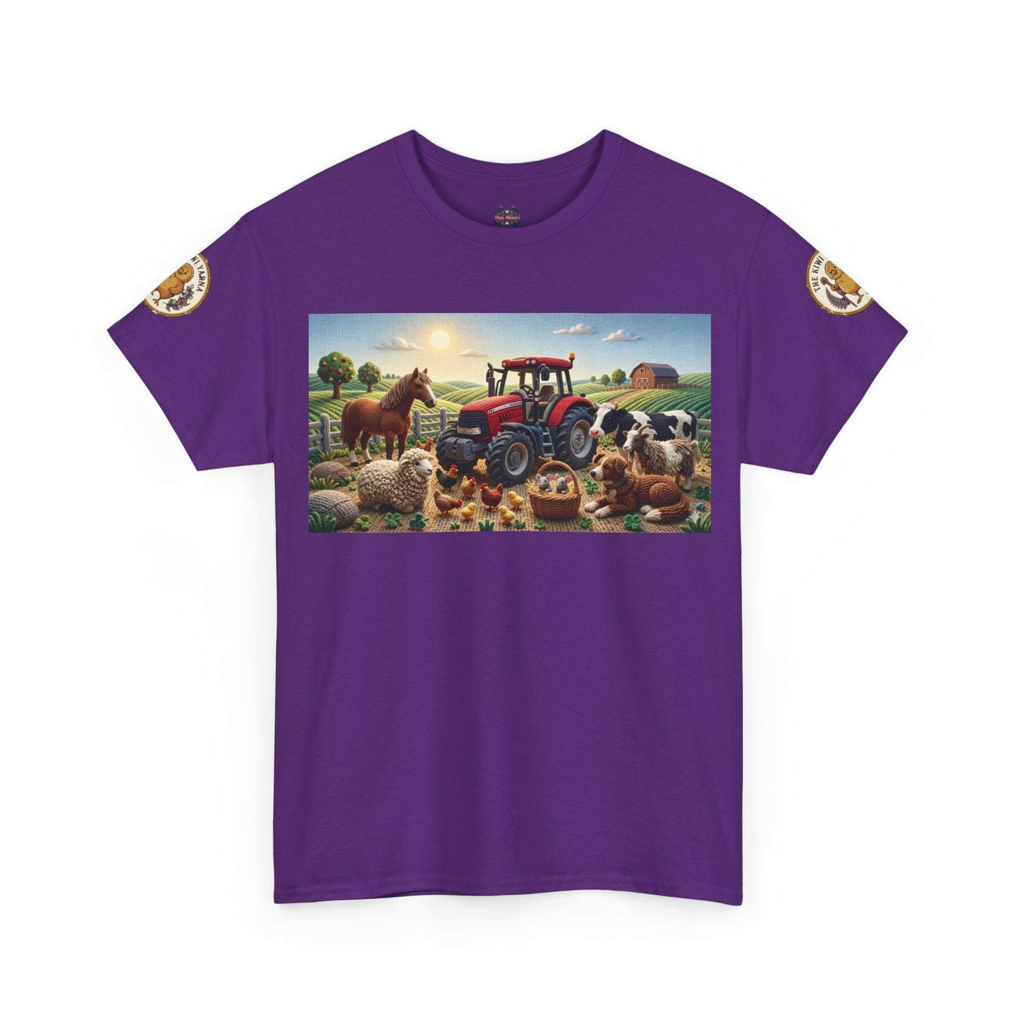 Purple crewneck T-shirt with large farm scene graphic and animals