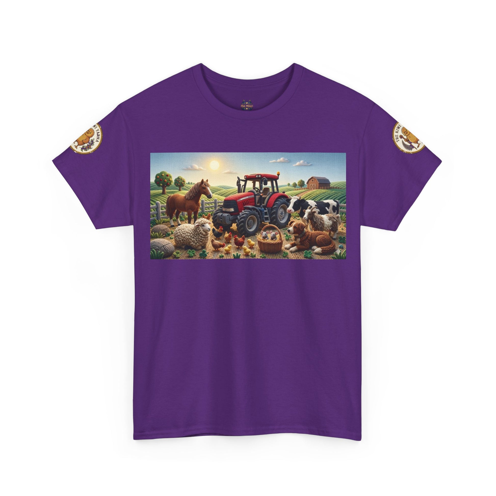 Purple crewneck T-shirt with large farm scene graphic and animals