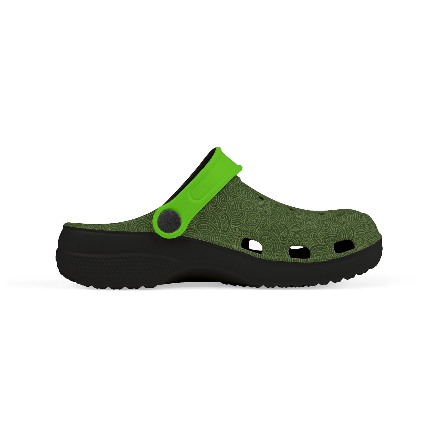 Piripiri perforated clog, black sole with dark green upper and neon green strap