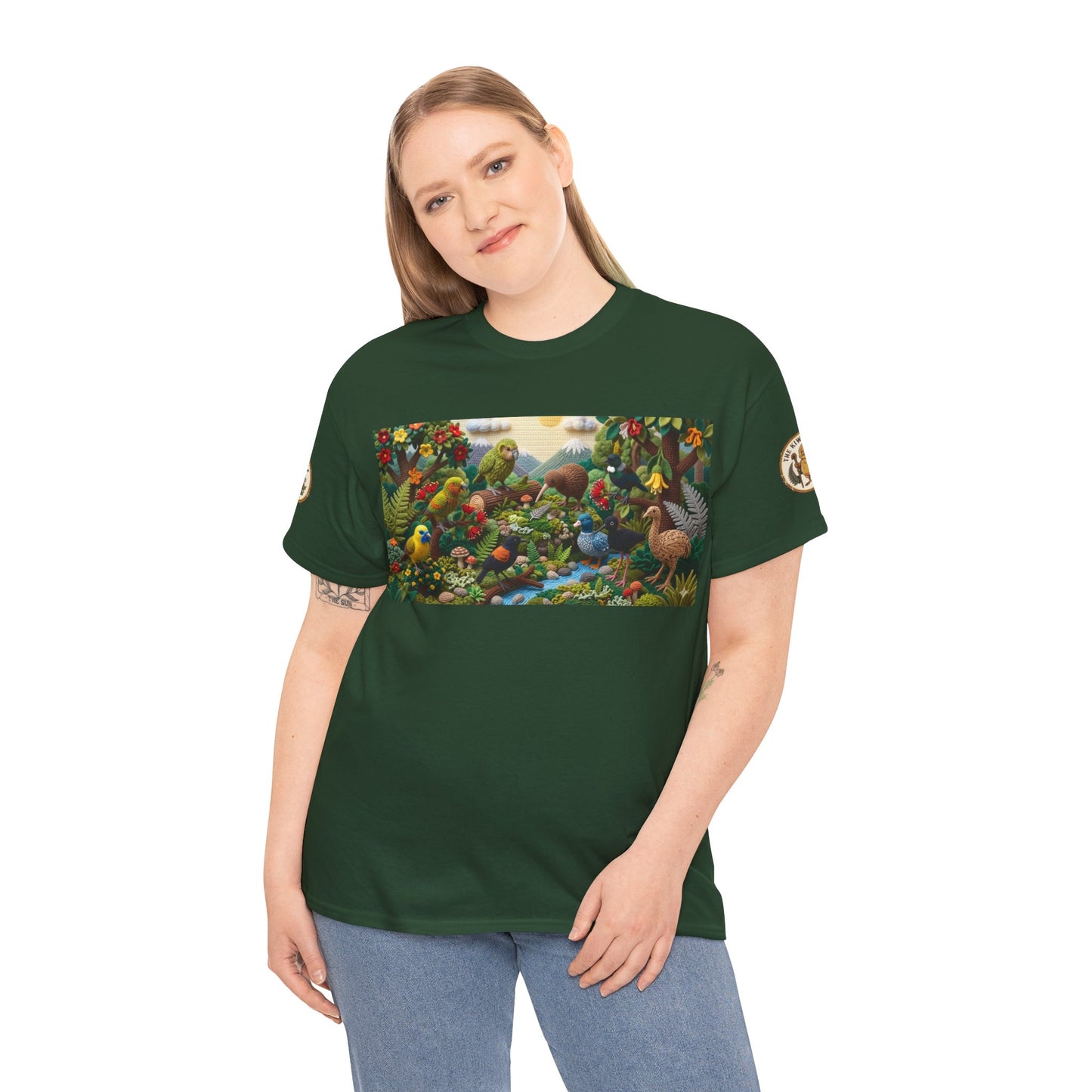 Green graphic T-shirt on model with rectangular bird scene front print