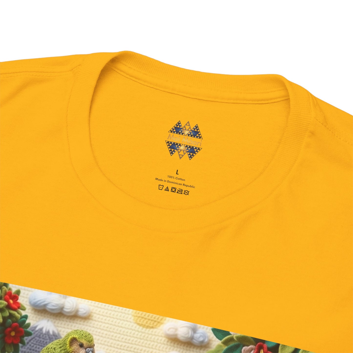 Mustard yellow T-shirt with small chest emblem under crew neckline