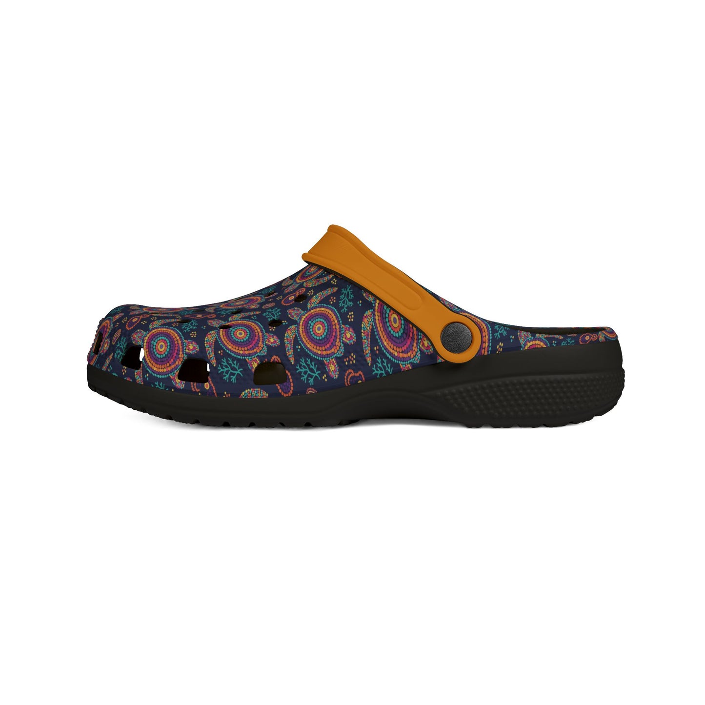 Croc-style clog with dark sole, dark paisley upper and orange strap with round cutout