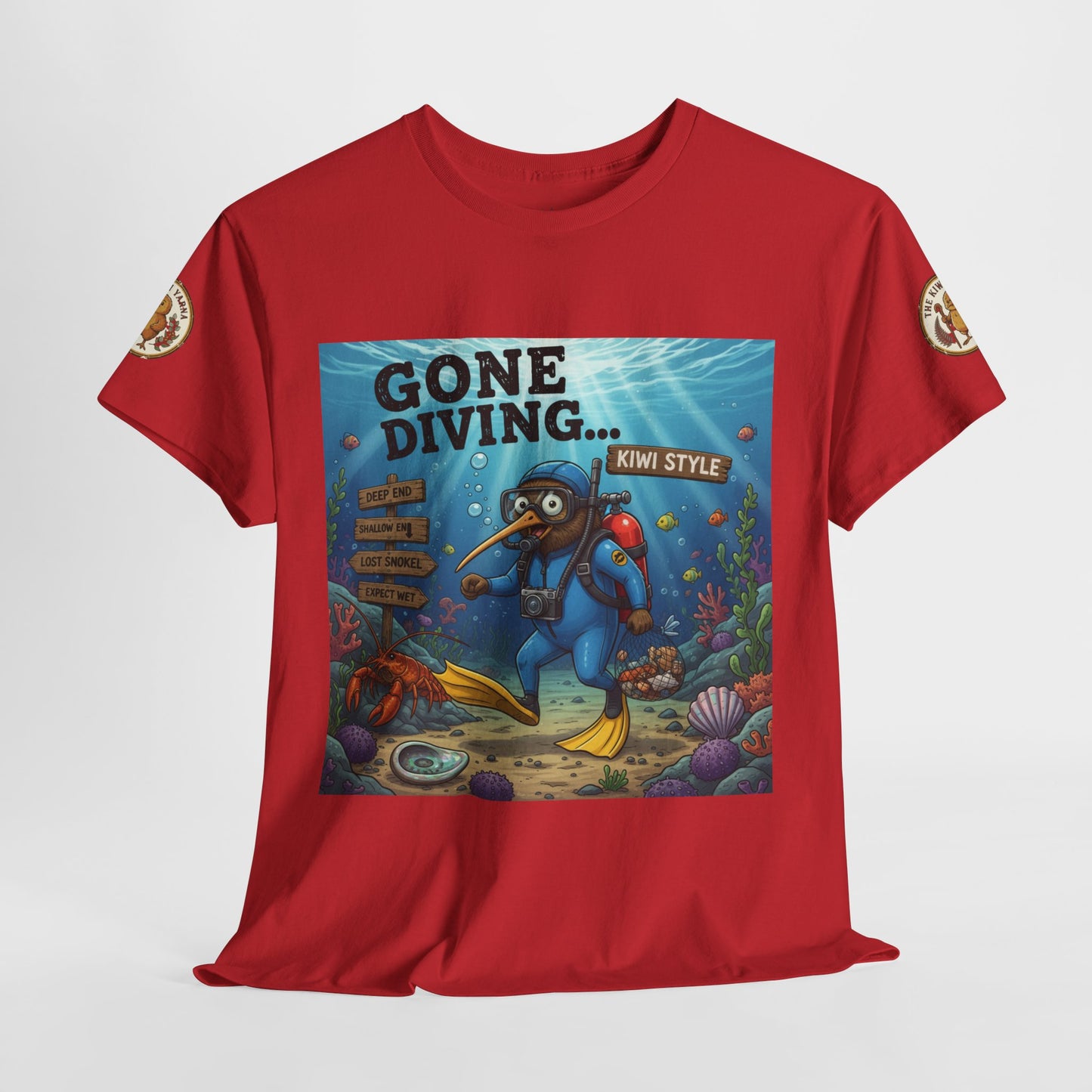 Red crew-neck T-shirt flat lay with centered blue underwater poster print