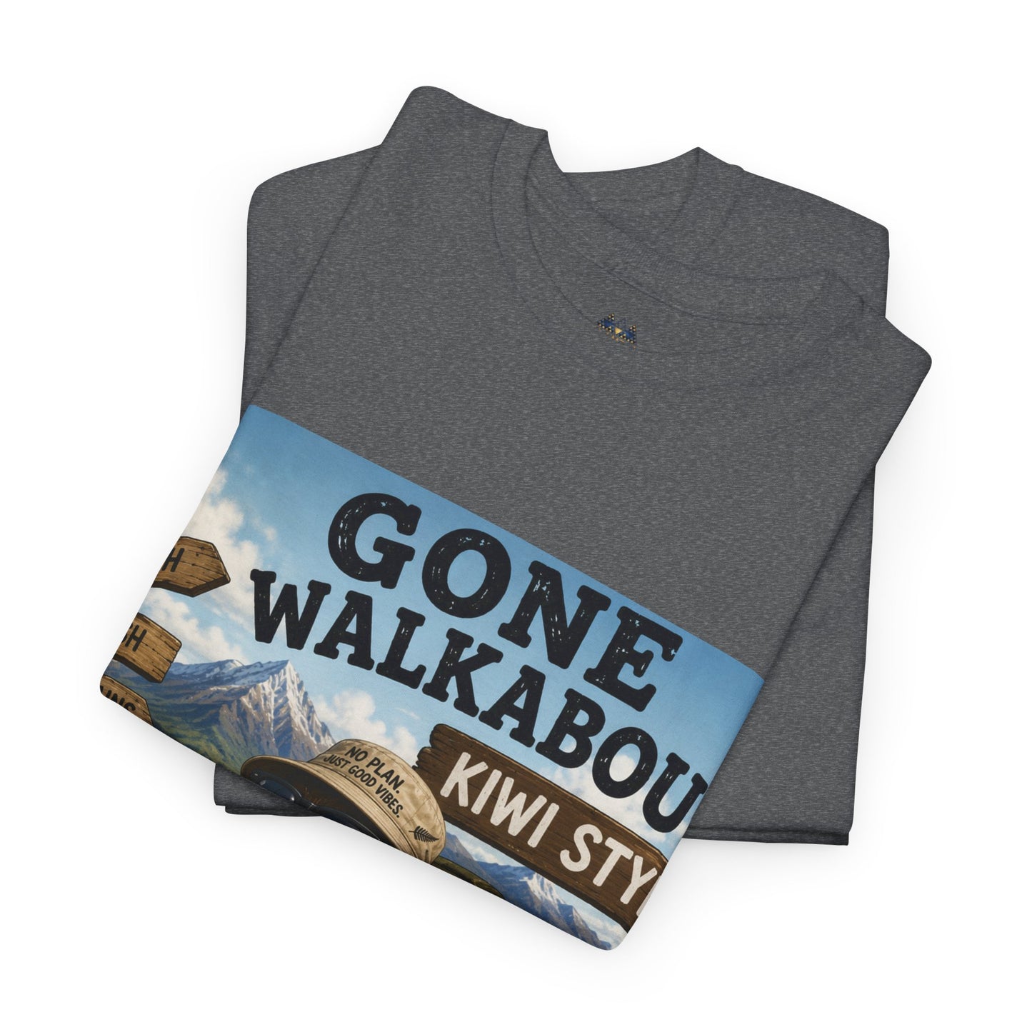 Heather gray “Gone Walkabout Kiwi Style” graphic T-shirt top view