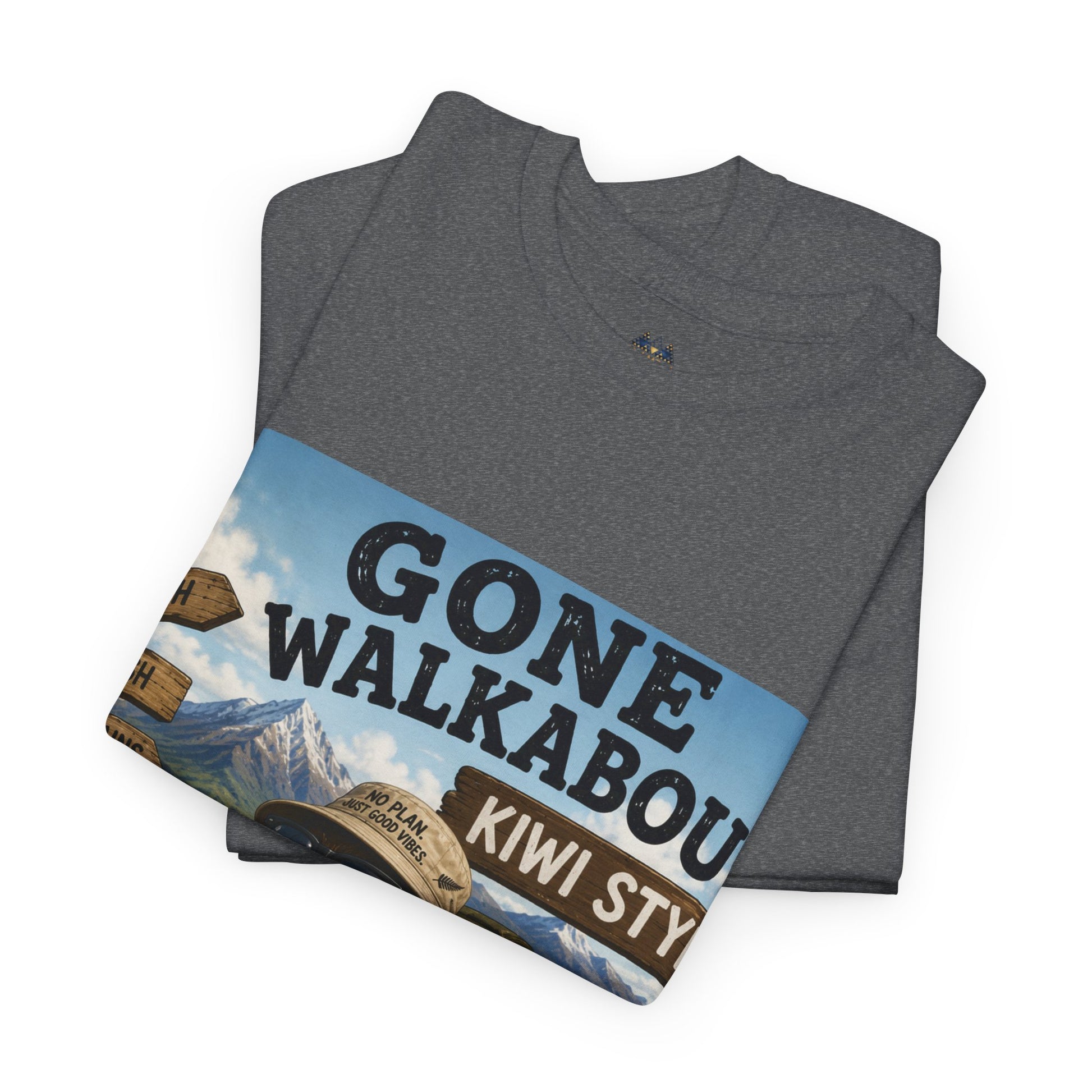 Heather gray “Gone Walkabout Kiwi Style” graphic T-shirt top view