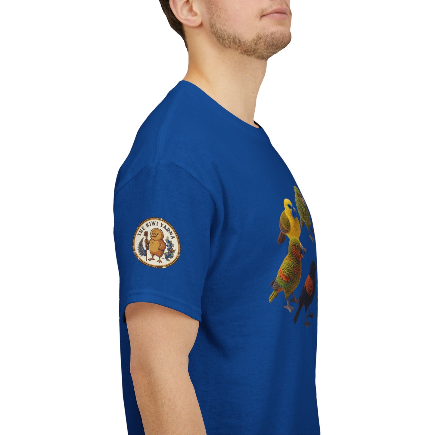 Royal blue graphic T-shirt with birds and circular sleeve emblem
