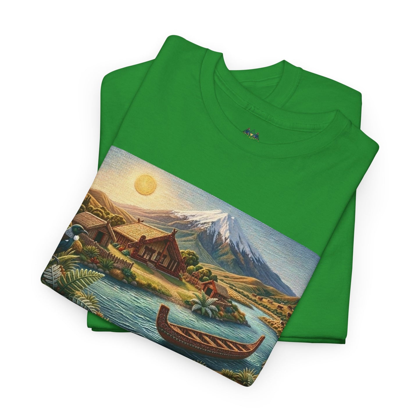 Green crewneck T-shirt with large landscape graphic featuring a canoe and mountain.