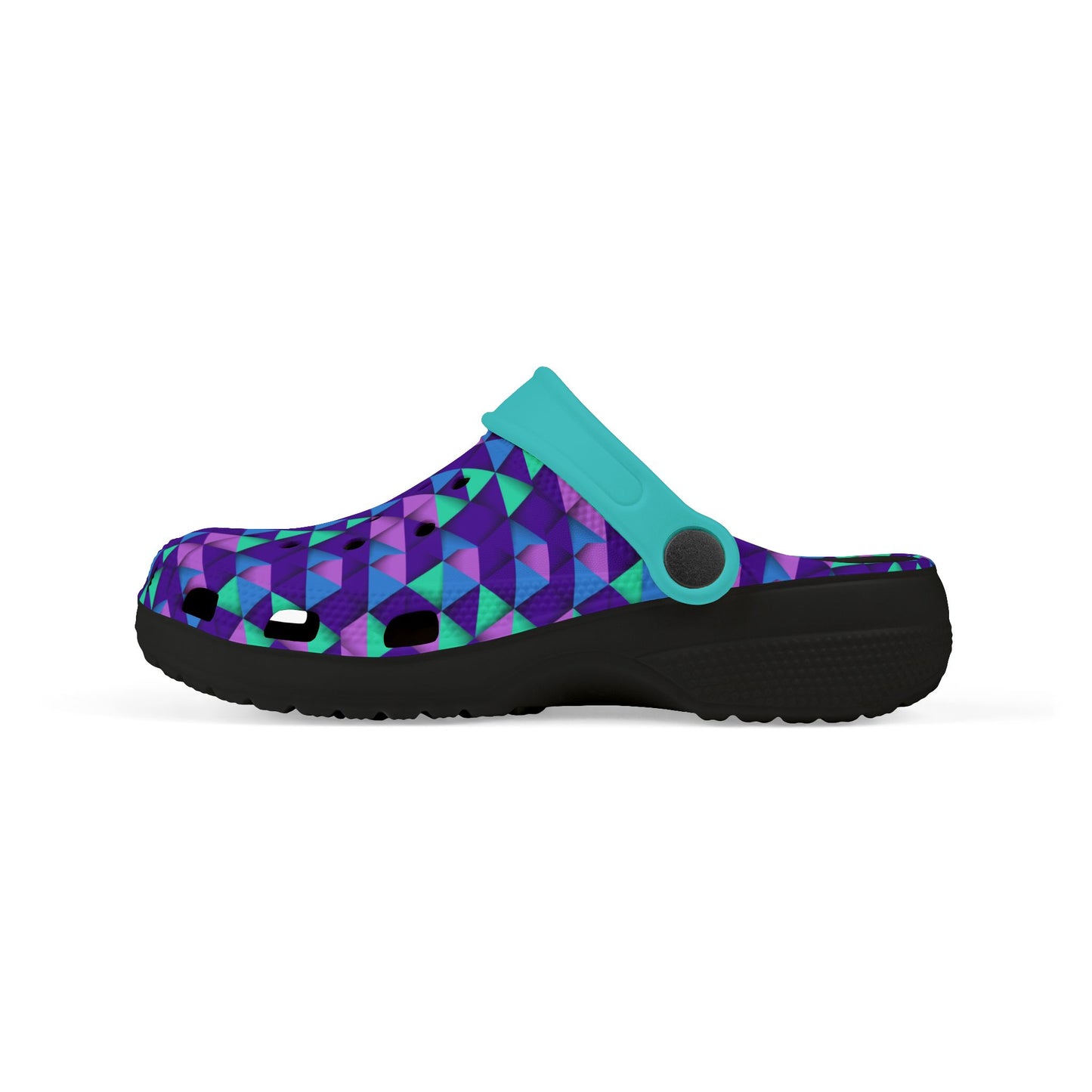 Croc-style clogs, black sole with teal strap and purple geometric upper