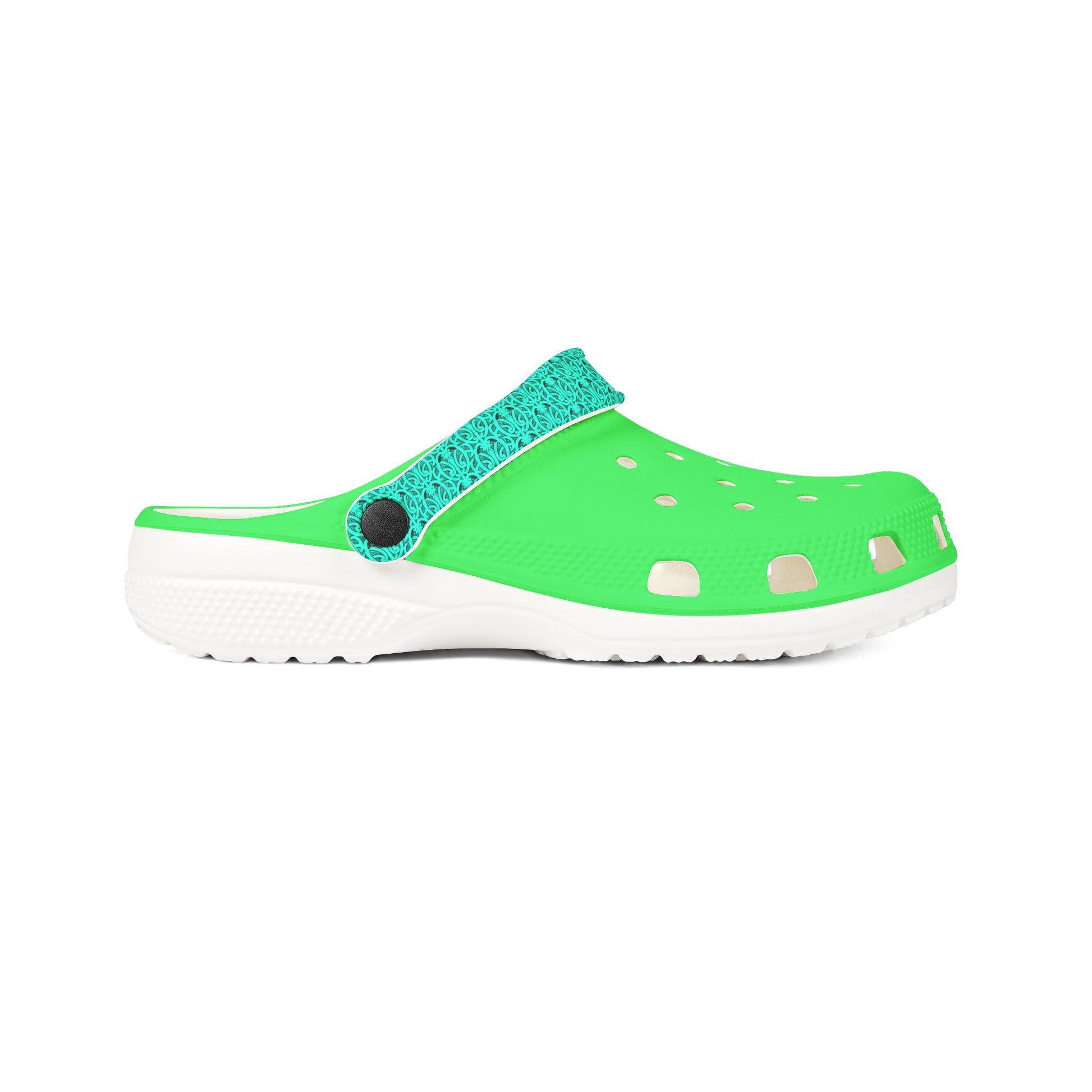 Neon green and teal perforated clog sandal with side strap and white sole