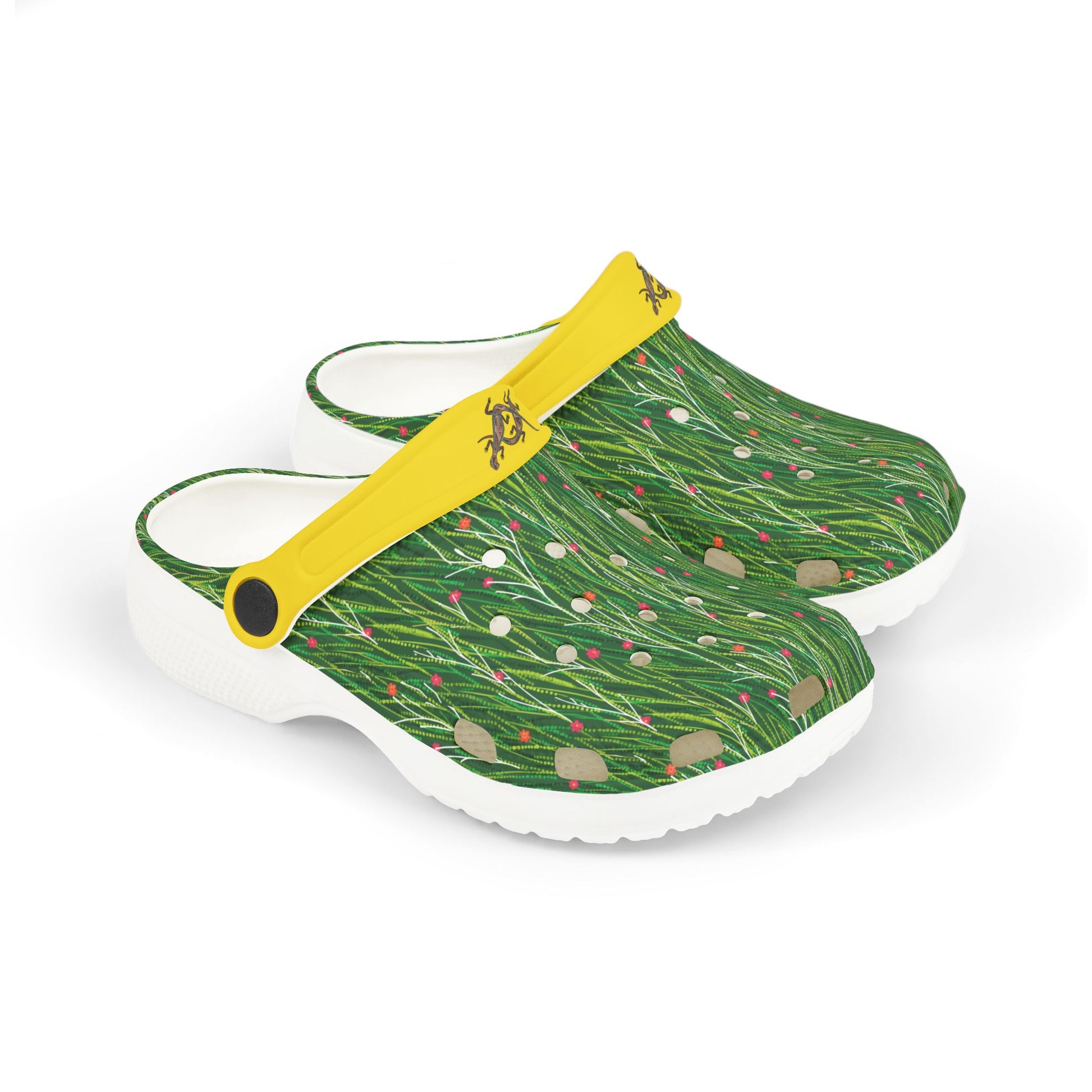 Green patterned slip-on casual shoe with yellow strap and white sole