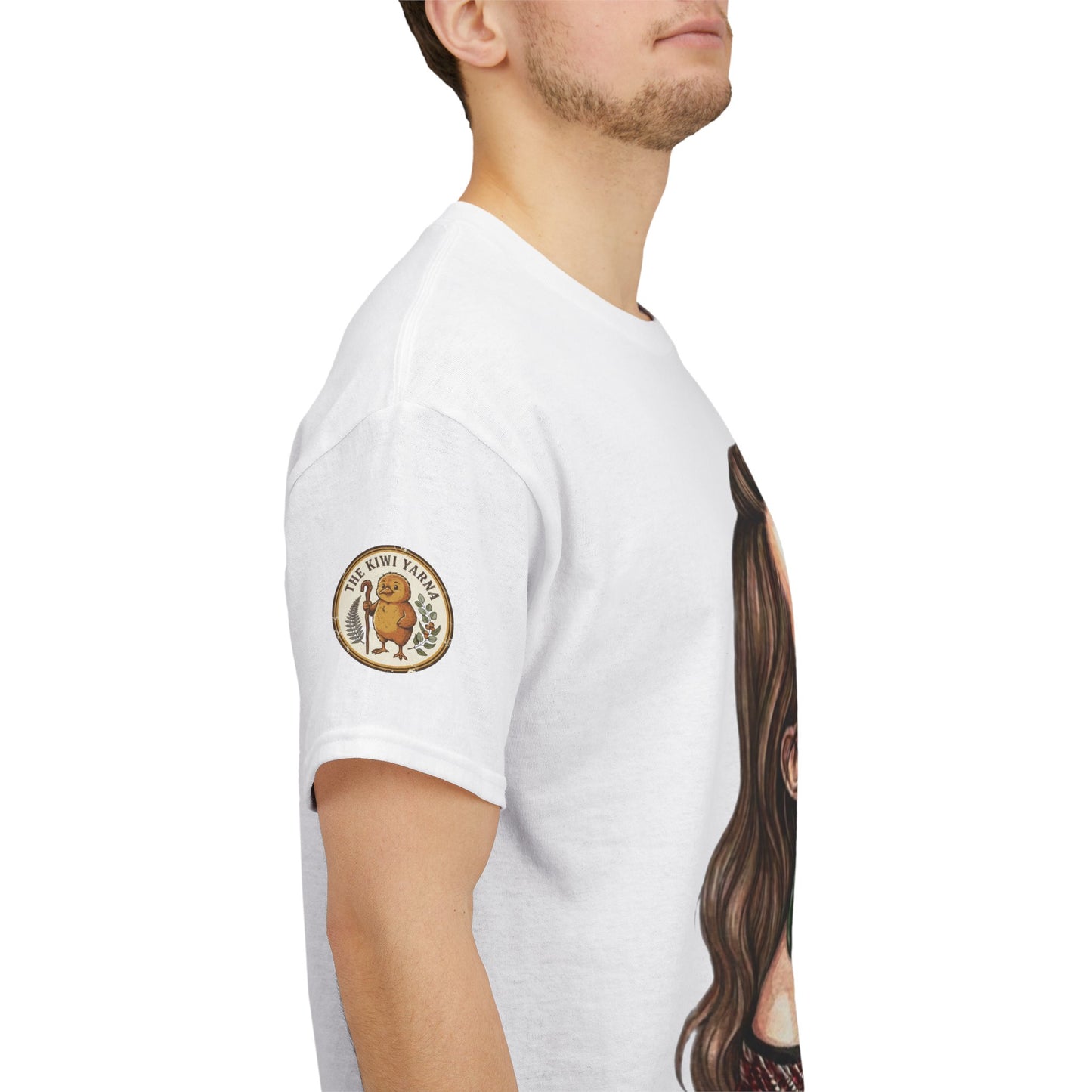 Korowai graphic t-shirt, white; portrait print on side; circular sleeve logo