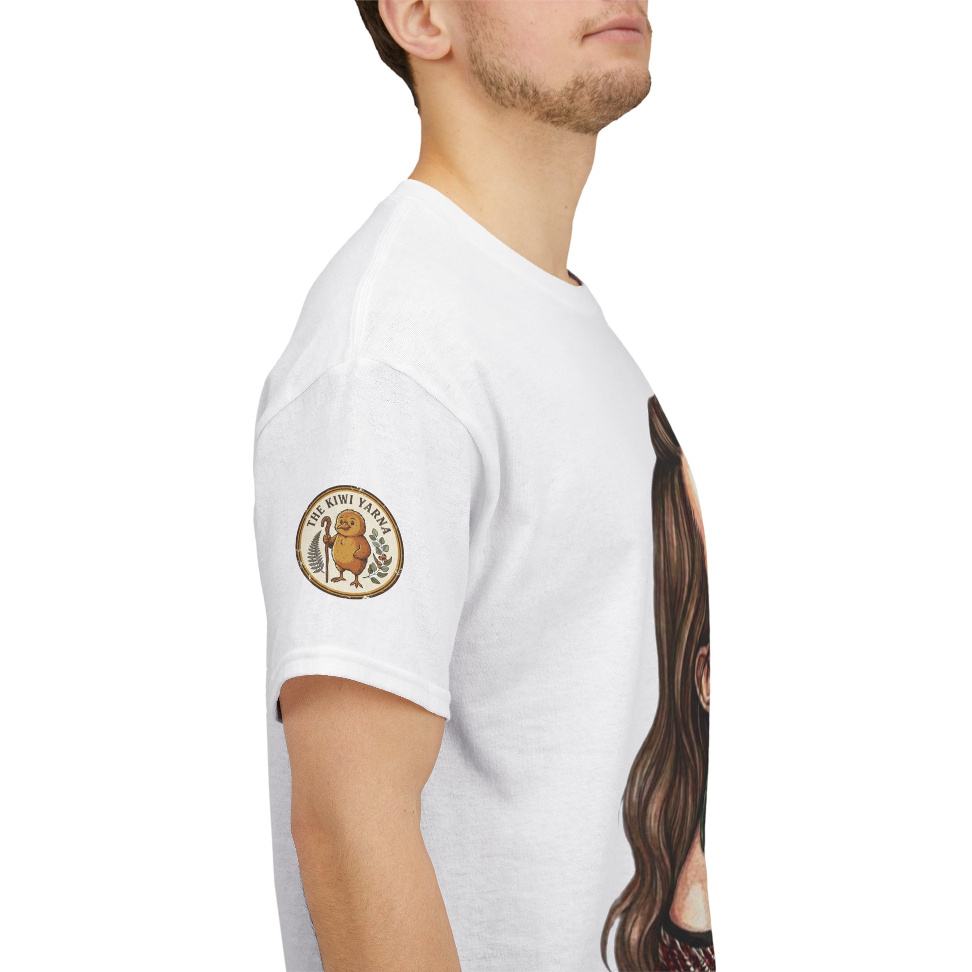 Korowai graphic t-shirt, white; portrait print on side; circular sleeve logo