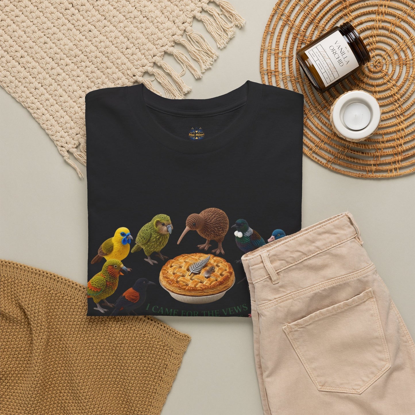 Black crewneck t-shirt with colorful birds and pizza graphic on front
