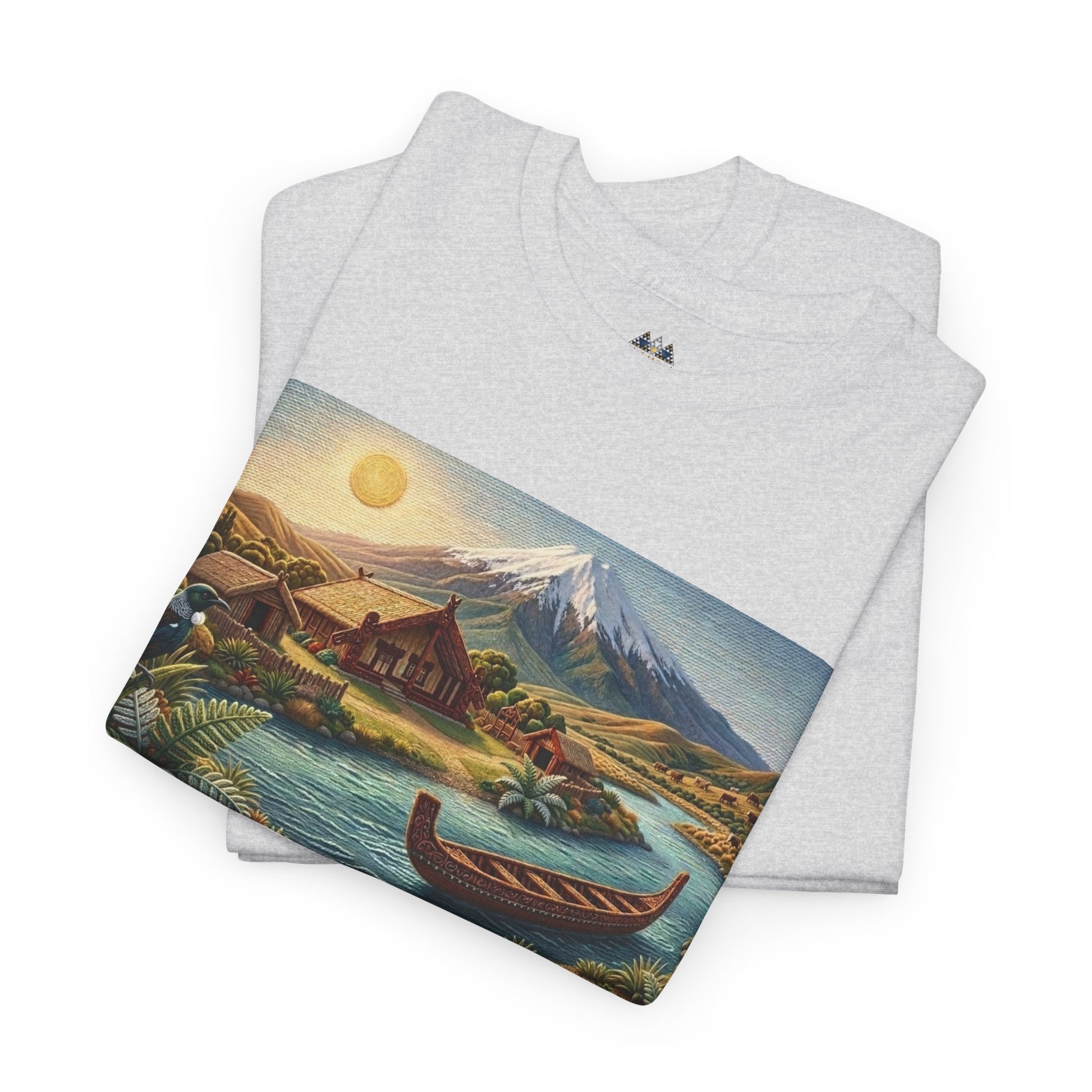 Light gray crew-neck graphic T-shirt flat lay with large landscape rectangle front print