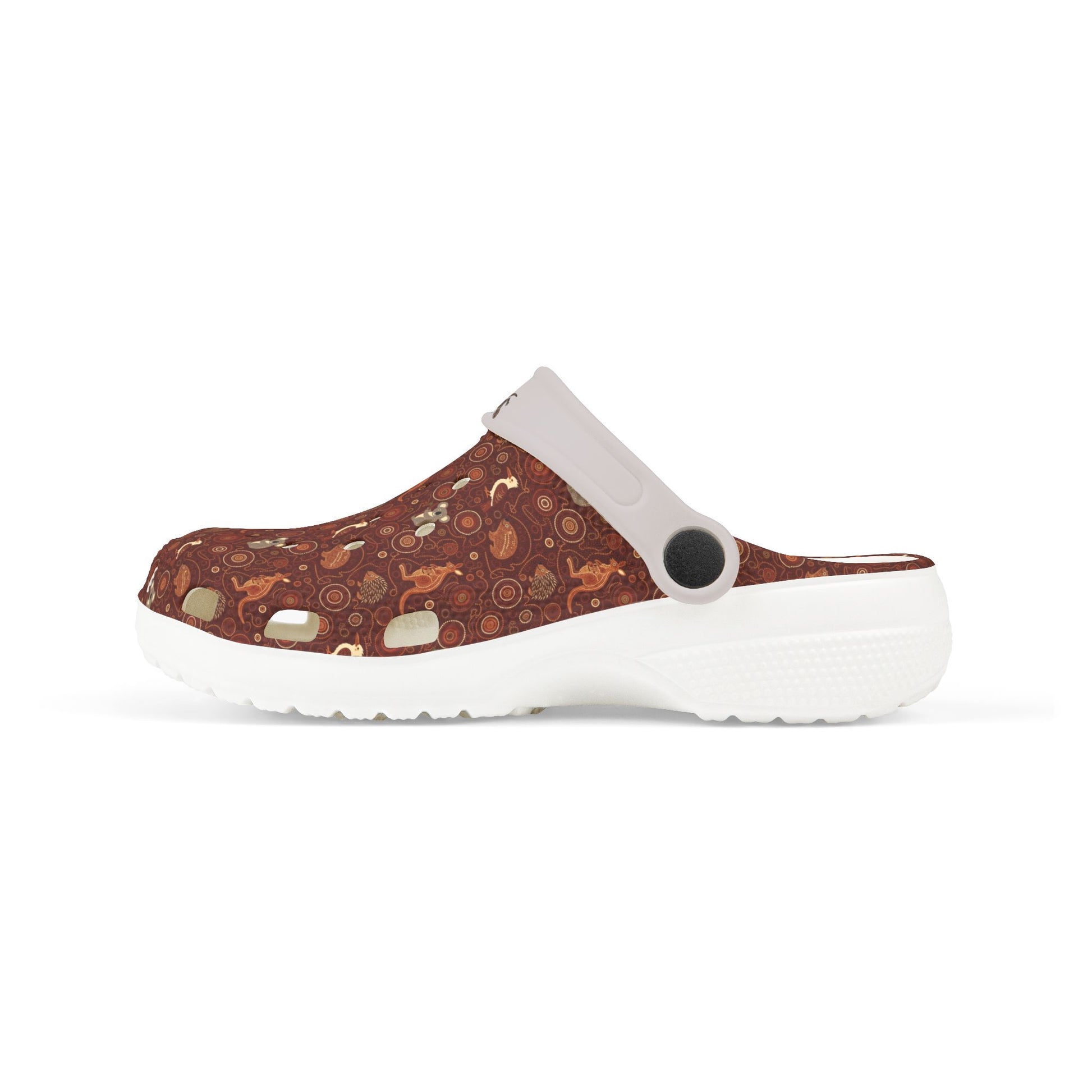 Printed casual clog shoes angled side view with maroon-brown upper and white strap detail.