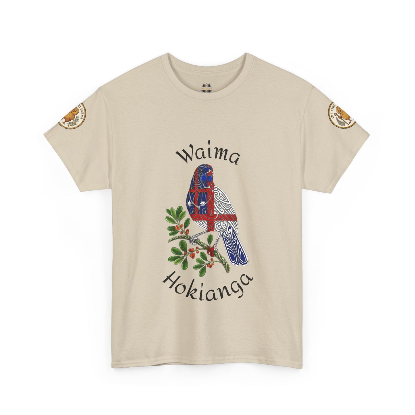 Beige T-shirt with blue bird graphic, leaf accents, and shoulder patches.