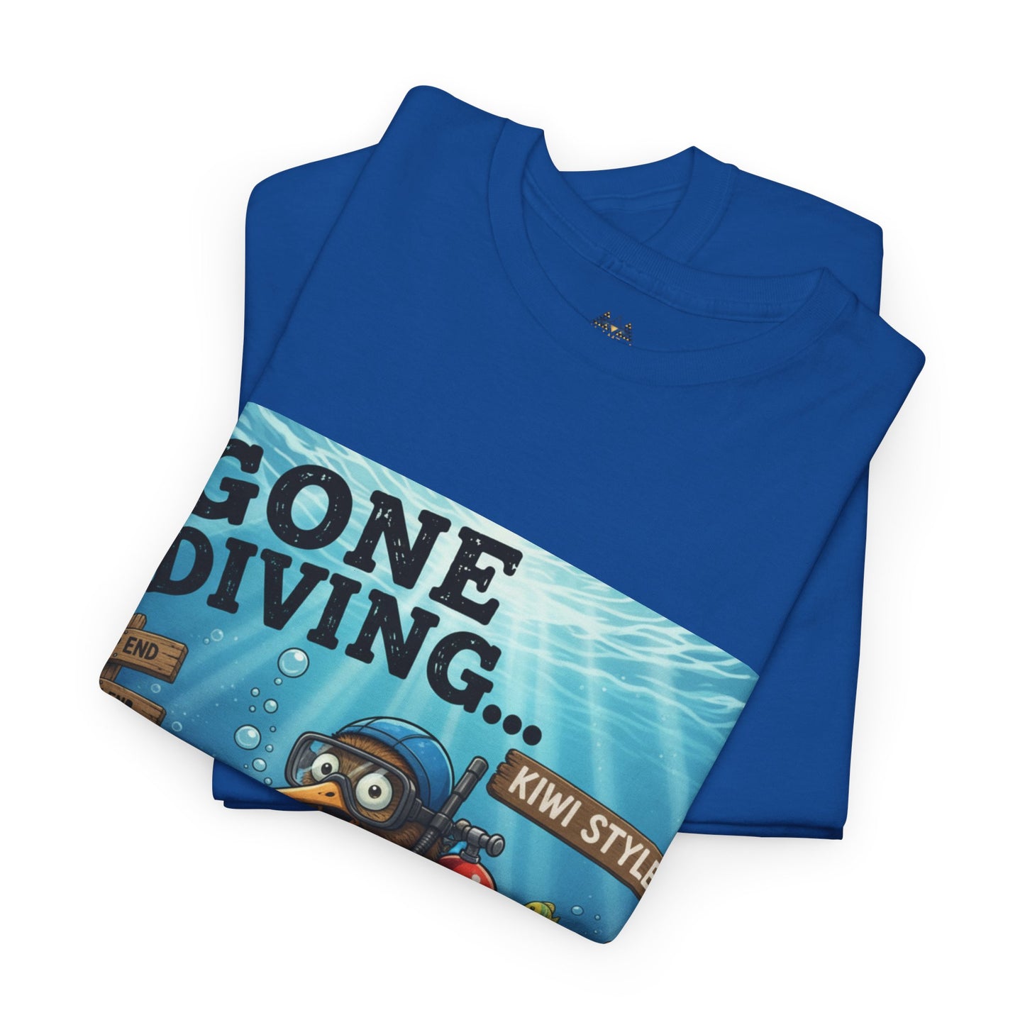 Blue crew-neck graphic t-shirt folded, showing diagonal underwater print