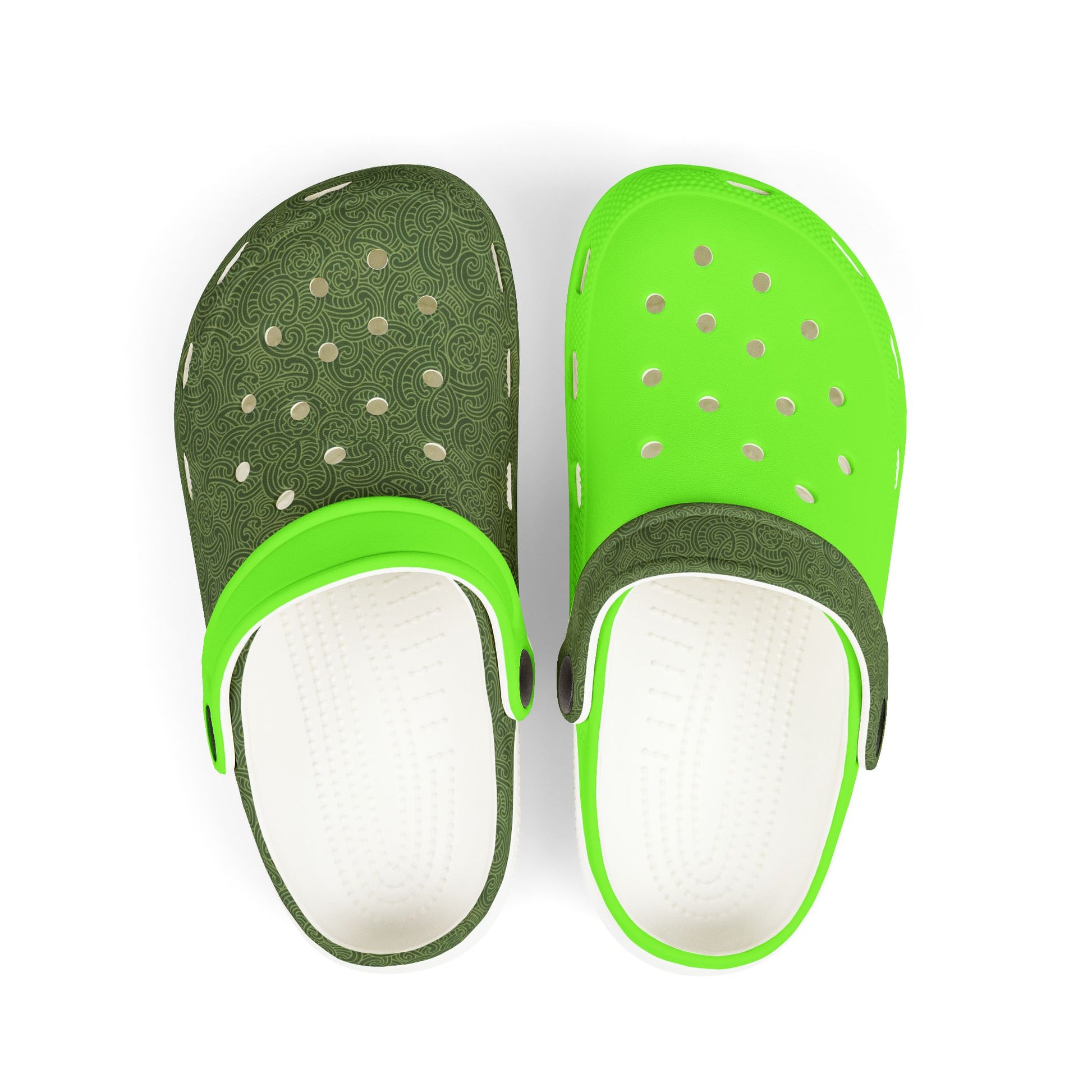 Piripiri perforated clog, dark green and neon green pair view with light insoles