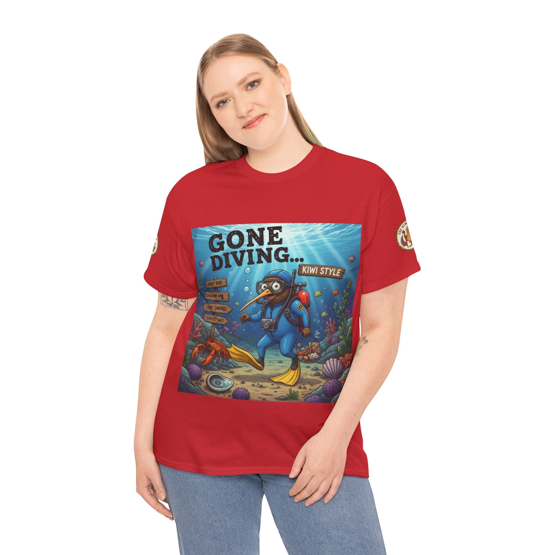 Red crew-neck T-shirt on model with blue underwater front graphic