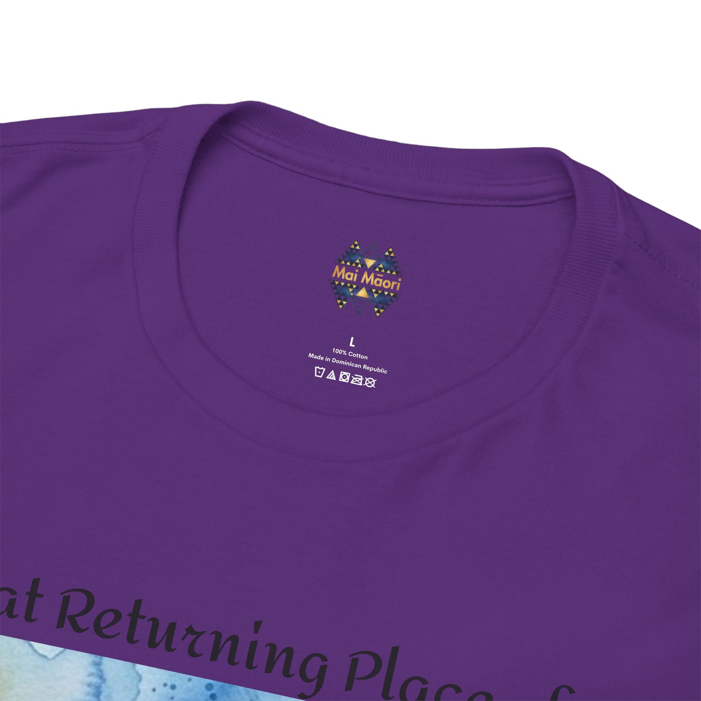 Purple crew-neck T-shirt with small “Mai Maori” chest logo and printed neckline graphics.