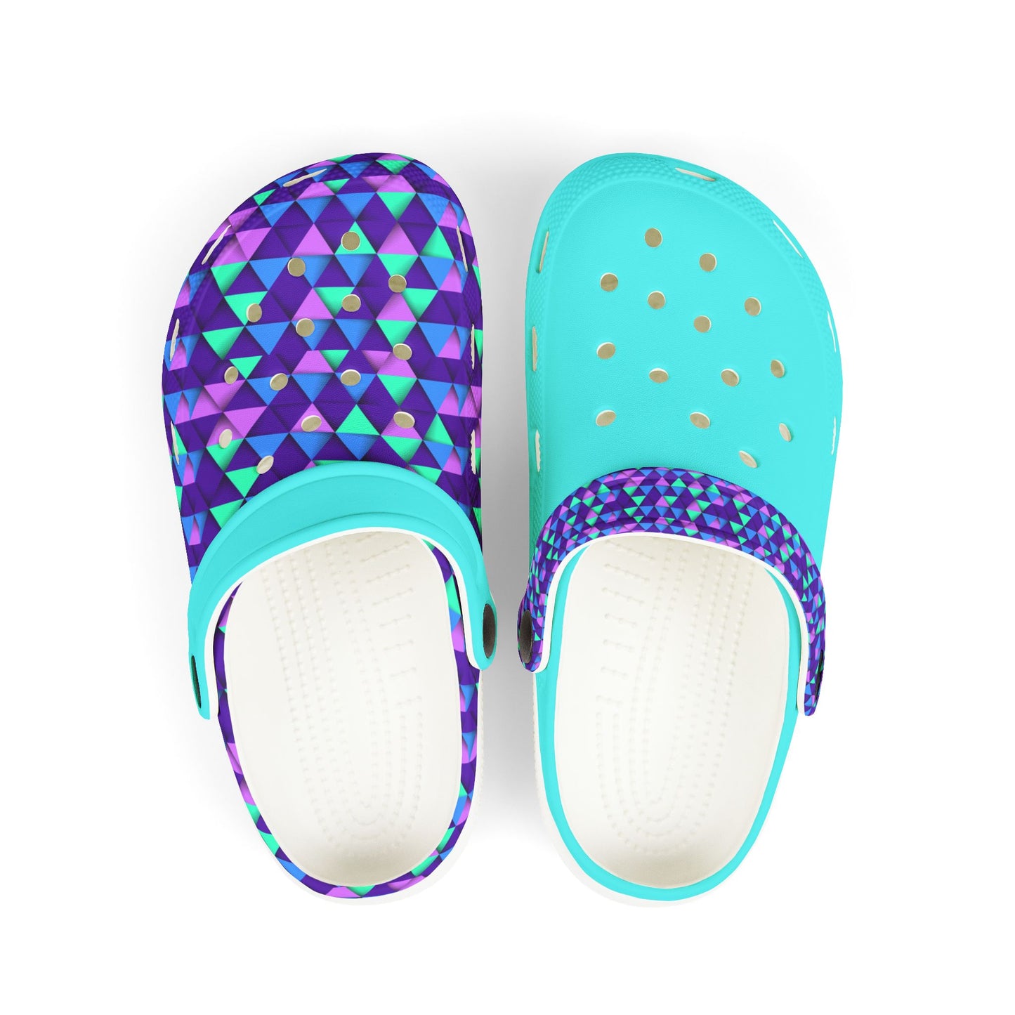 Croc-style clogs in teal with purple geometric upper and white insole