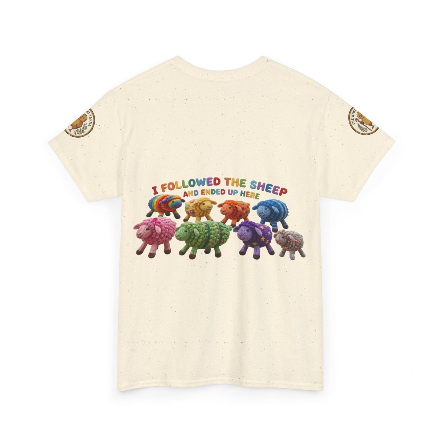 Cream graphic crewneck T-shirt with colorful sheep herd and “I followed the sheep” text.