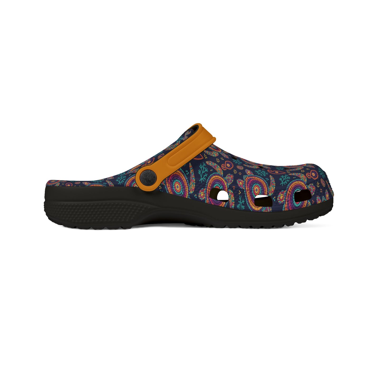 Croc-style clog with dark sole, dark paisley upper and orange strap