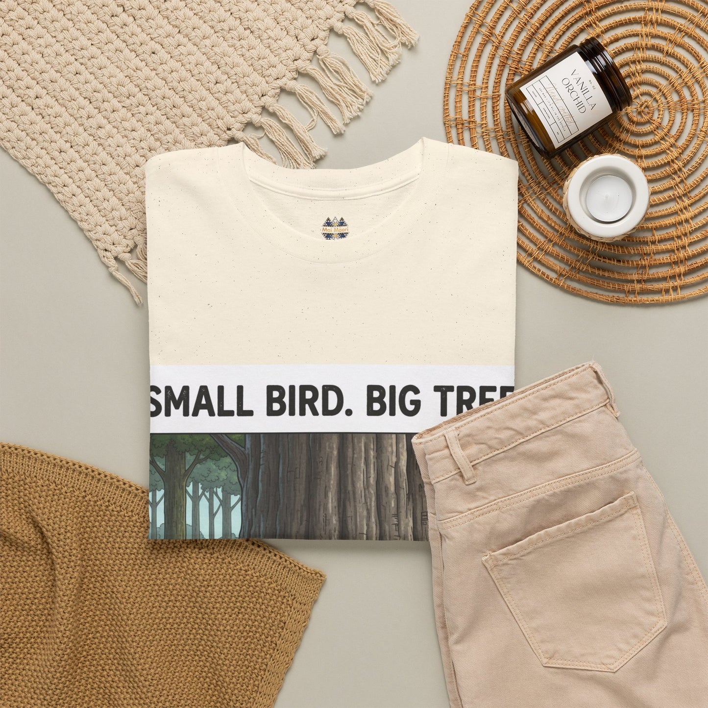 Ivory graphic crewneck T-shirt with partial forest scene panel and text across hem