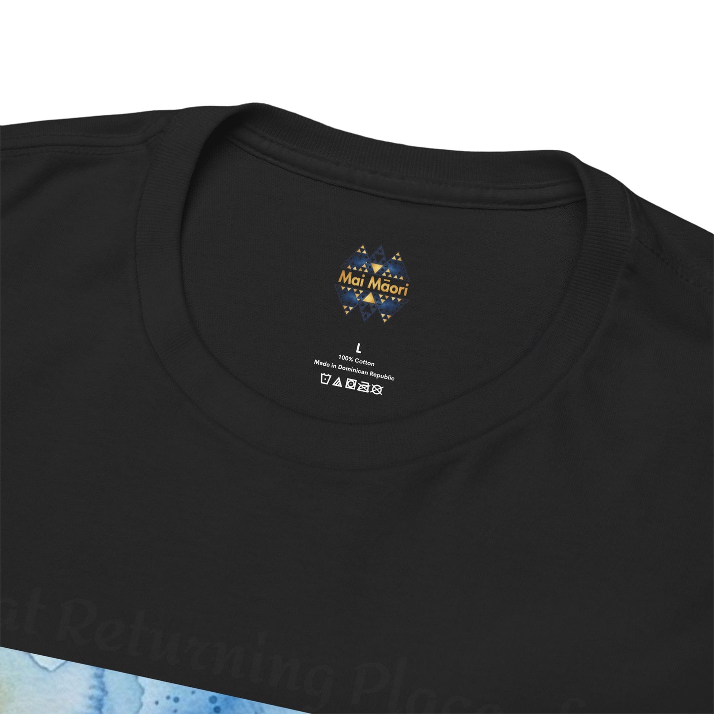 Black crew-neck T-shirt with small colorful logo on the chest